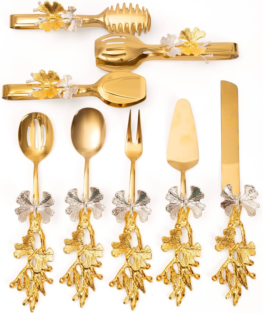 Serving Set 8 Piece Gold Butterfly Handle Stainless Steel Salad Servers Tongs Utensils for Parties, Catering, Home - Gold