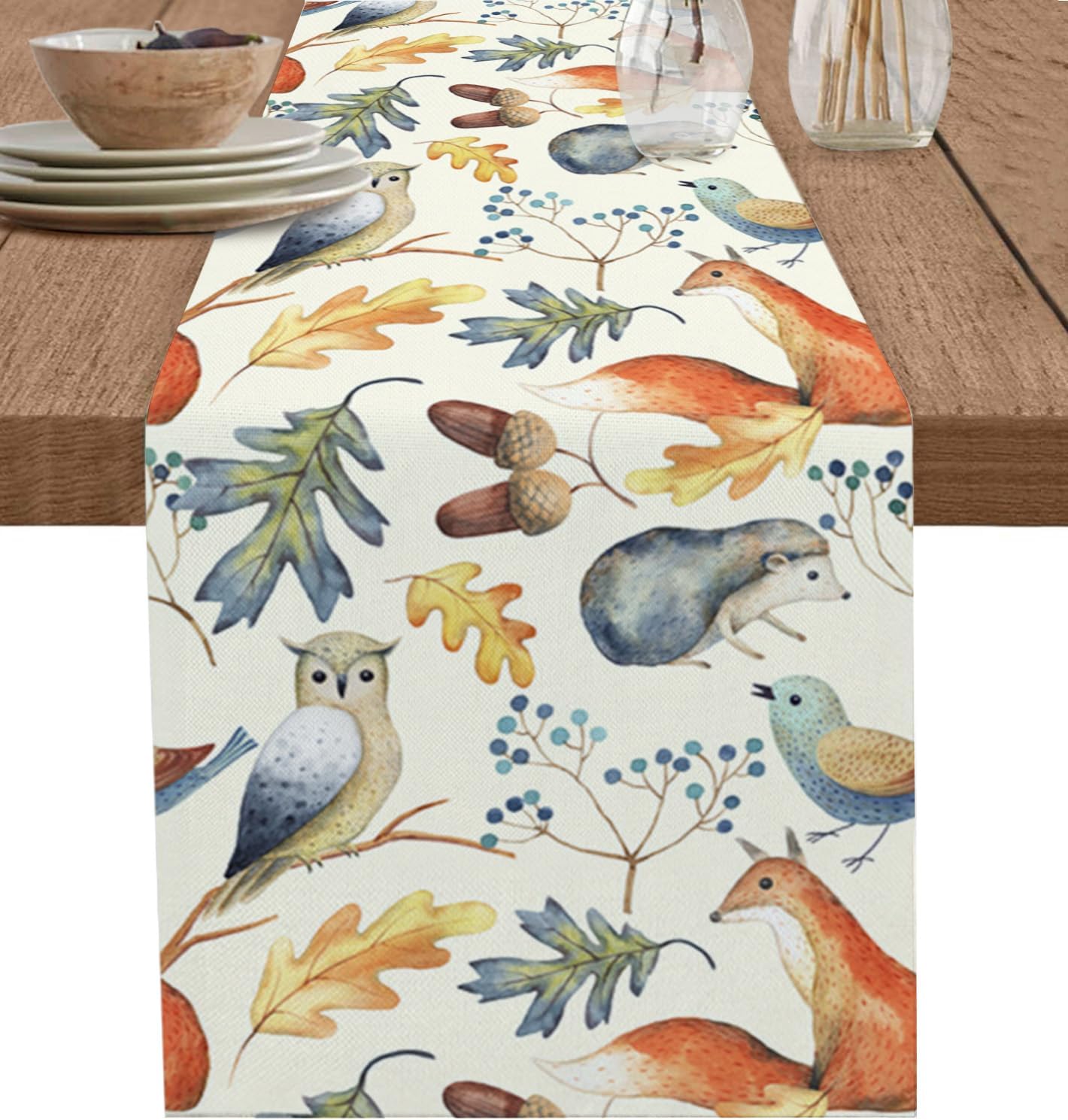 Fall Table Runner Autumn Animal Table Runners Harvest Thanksgiving Owl Bird Fox Leaves Cotton Linen Dresser Scarf Kitchen Dining Table Decor for Autumn Holiday Party Coffee 13x120 Inch