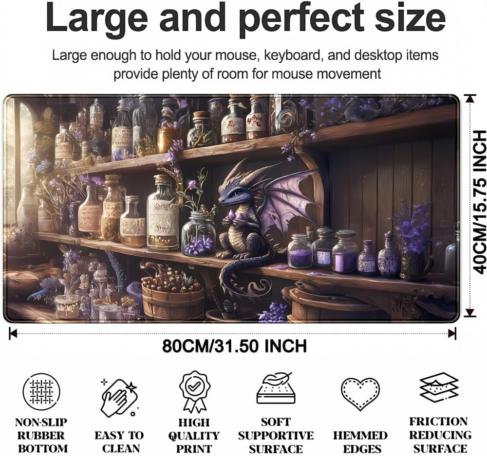 Purple Dragon Desk Mat Cute Large Gaming Keyboard Mouse Pad, Dragon Magic Desk Pad Extended Mouse Pad Gaming Office Decor for Pc Laptop Mouse Pads (31.5x15.7 in) with Stitched Eges Non-Slip Base - Image 3