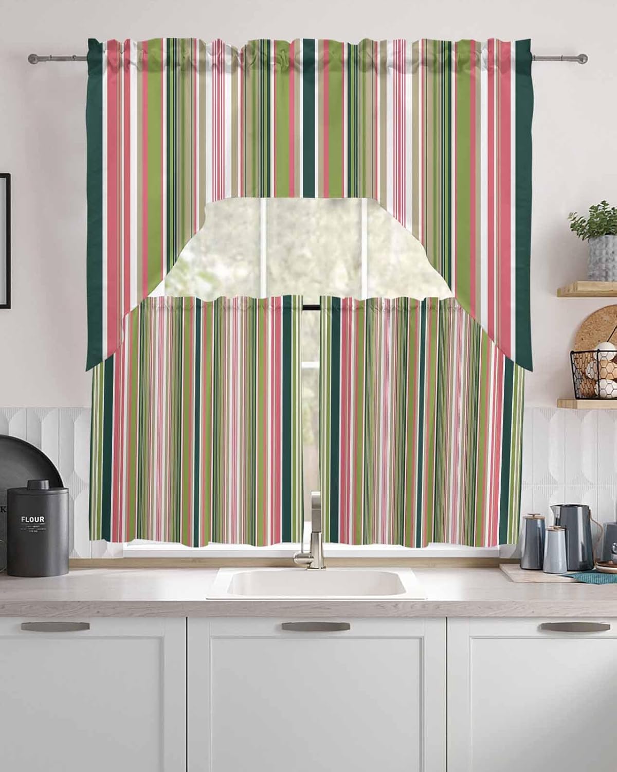 Geometric Rainbow Swag Kitchen Curtain Sets with Valance,3 Pieces Rod Pocket Curtain Drapes for Bedroom Bathroom Cafe Windows,Modern Abstract Minimalist Stripes 56''x36''&24''x27.5''x2Panels