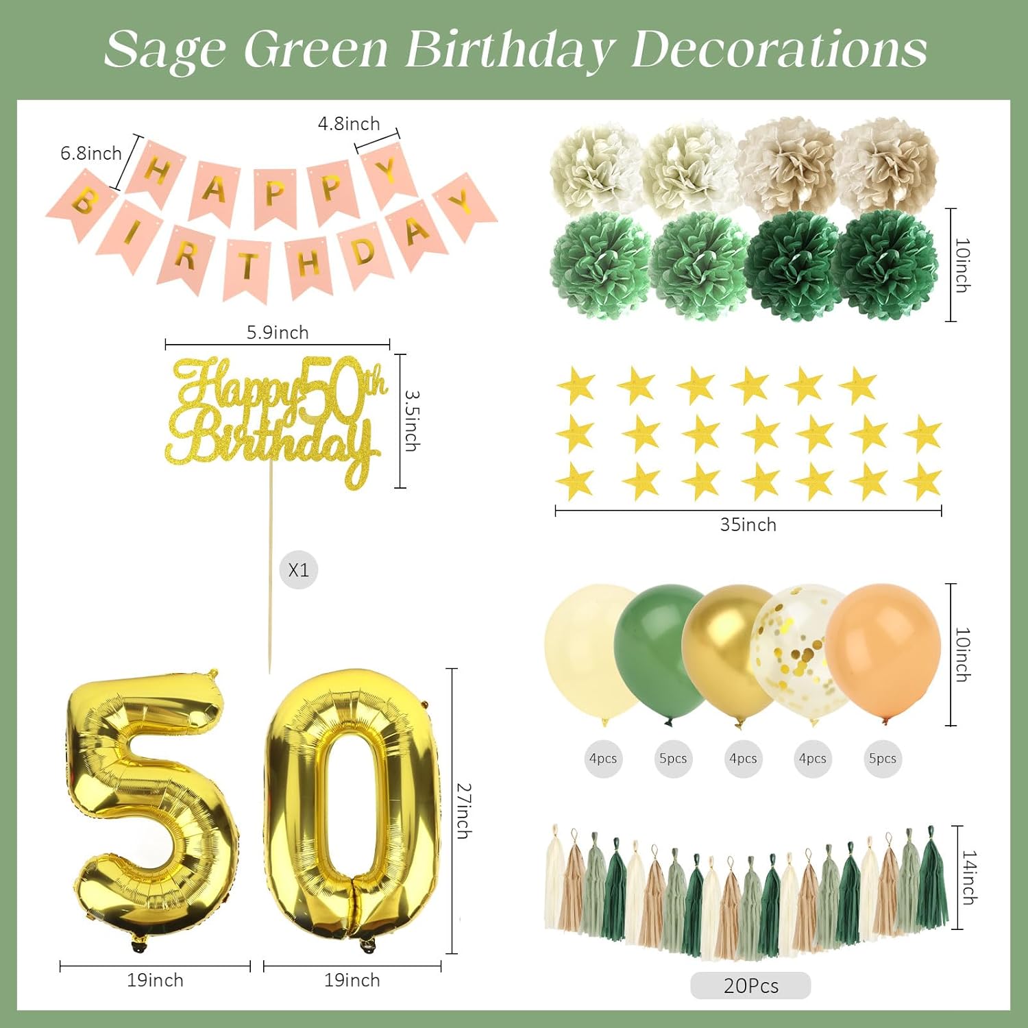 Jaciya 50th Birthday Party Decorations Sage Green & Gold Balloons Happy Birthday Banner Cake Topper Streamers Confetti Balls