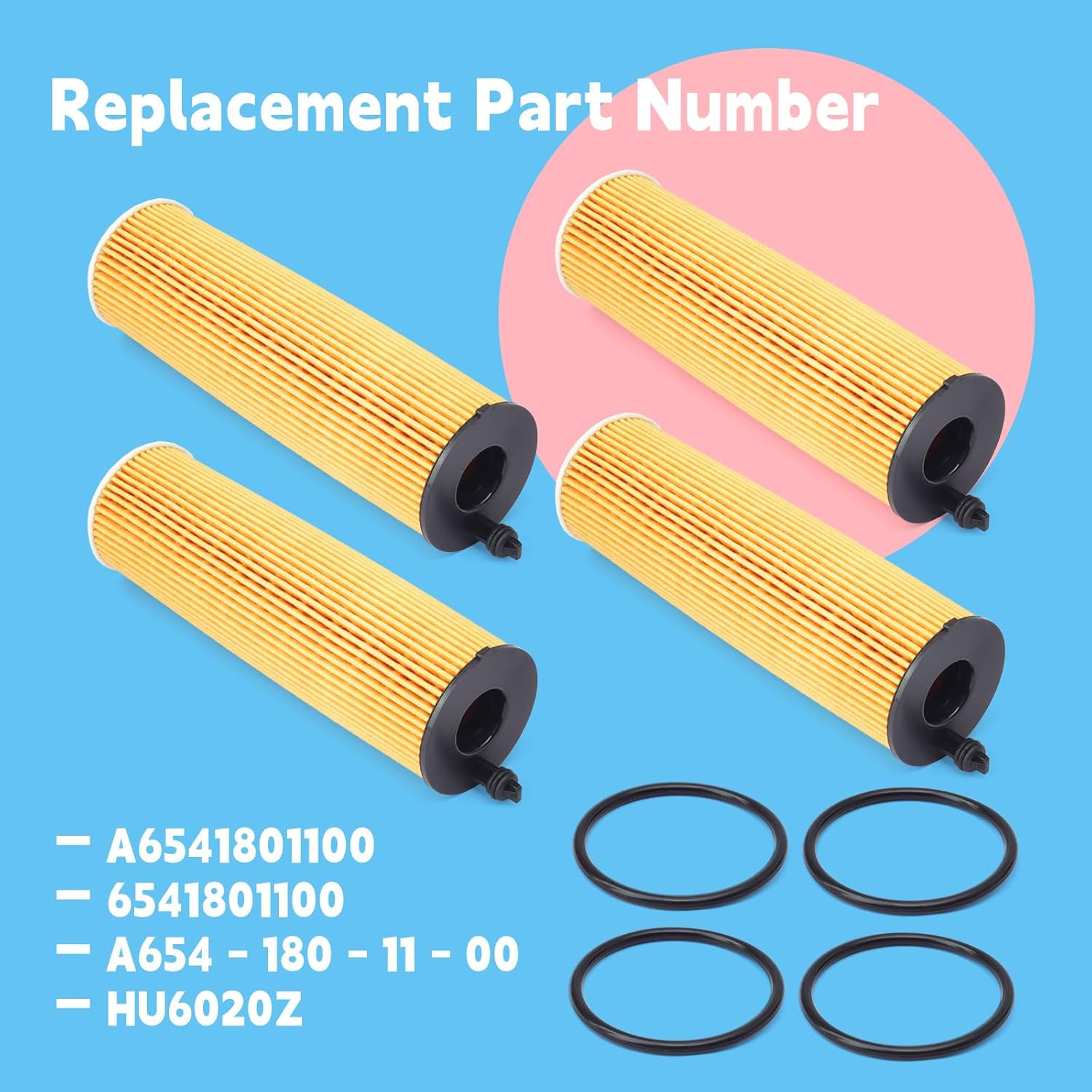 4Pcs A6541801100 Engine Oil Filters with Gasket Compatible with Mercedes-Benz Sprinter 2500 3500 3500XD 2.0L 2023 2024 Replacement Part Kit Replaces 6541801100 A654-180-11-00 HU6020Z