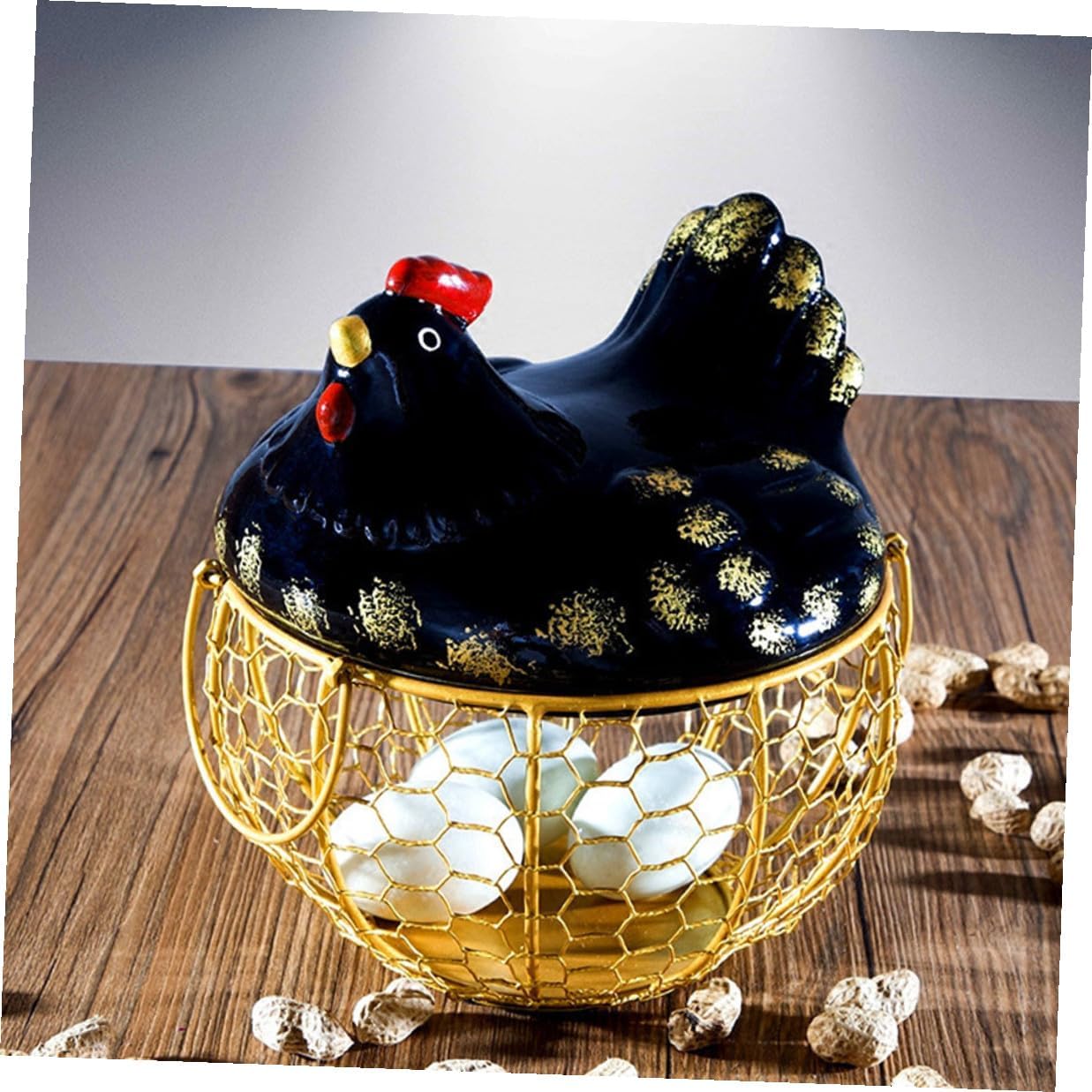 Rustic Iron Egg Basket Wire Chicken Egg Holder with Black Lid and Gold Frame Desktop Kitchen Storage Organizer and Fruit