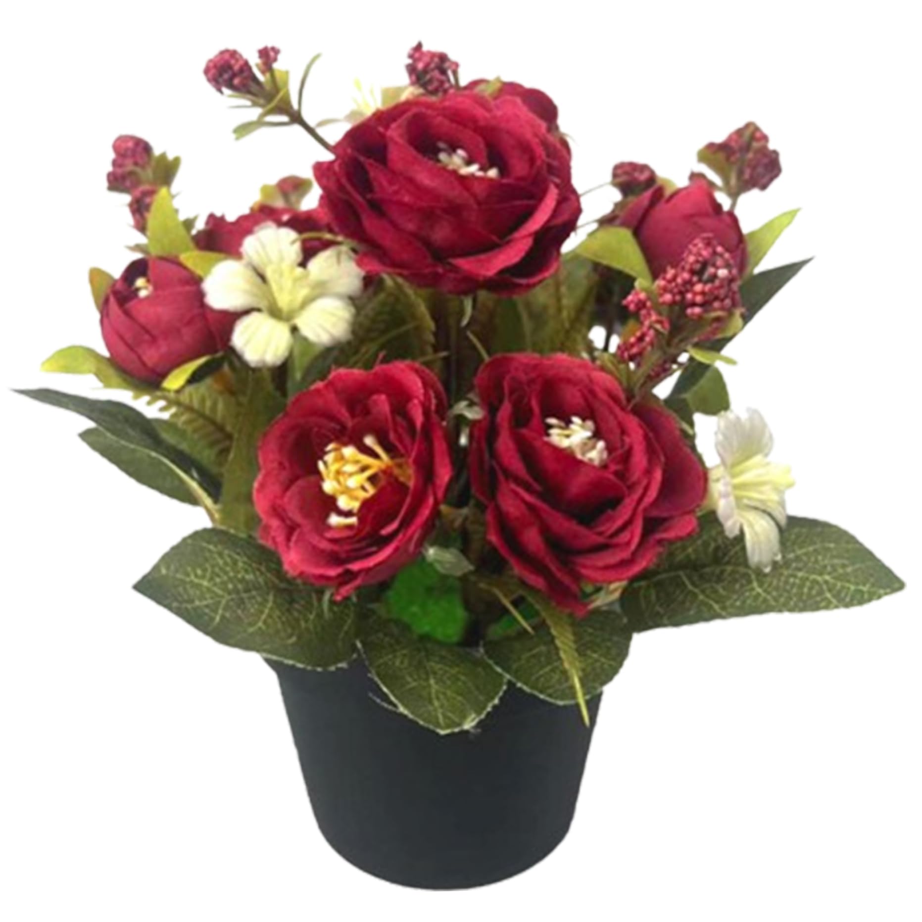 Fleurs artificielles en pot de 7 pouces avec roses en soie rouges et feuilles pour intérieur