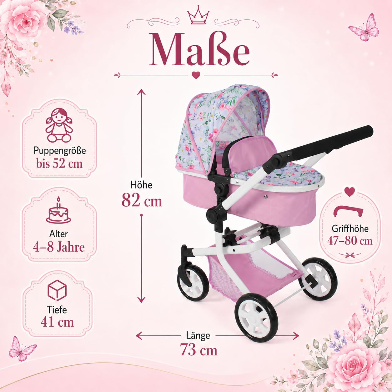 Bayer Chic 2000 Poussette poupée Mika 2 en 1 Pliable et réglable | Poussette poupée 2 en 1 pliable avec poignée réglable (47-80 cm), pour poupées jusqu'à 52 cm.