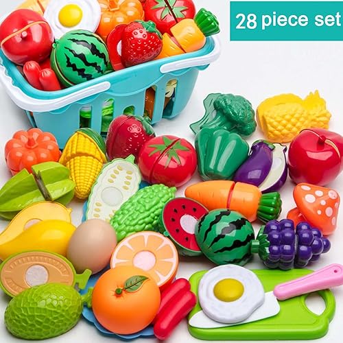 Miniatura 9 de Juguetes de comida de corte para niños, accesorios de cocina de juego de simulación, juego de frutas y verduras falsas con cesta de almacenamiento