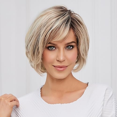 Hand-Tied Lace Front Wig for White Women Human Hair wigs 12 Inch Short Natural Layered Wavy Style (Mixed Blonde)