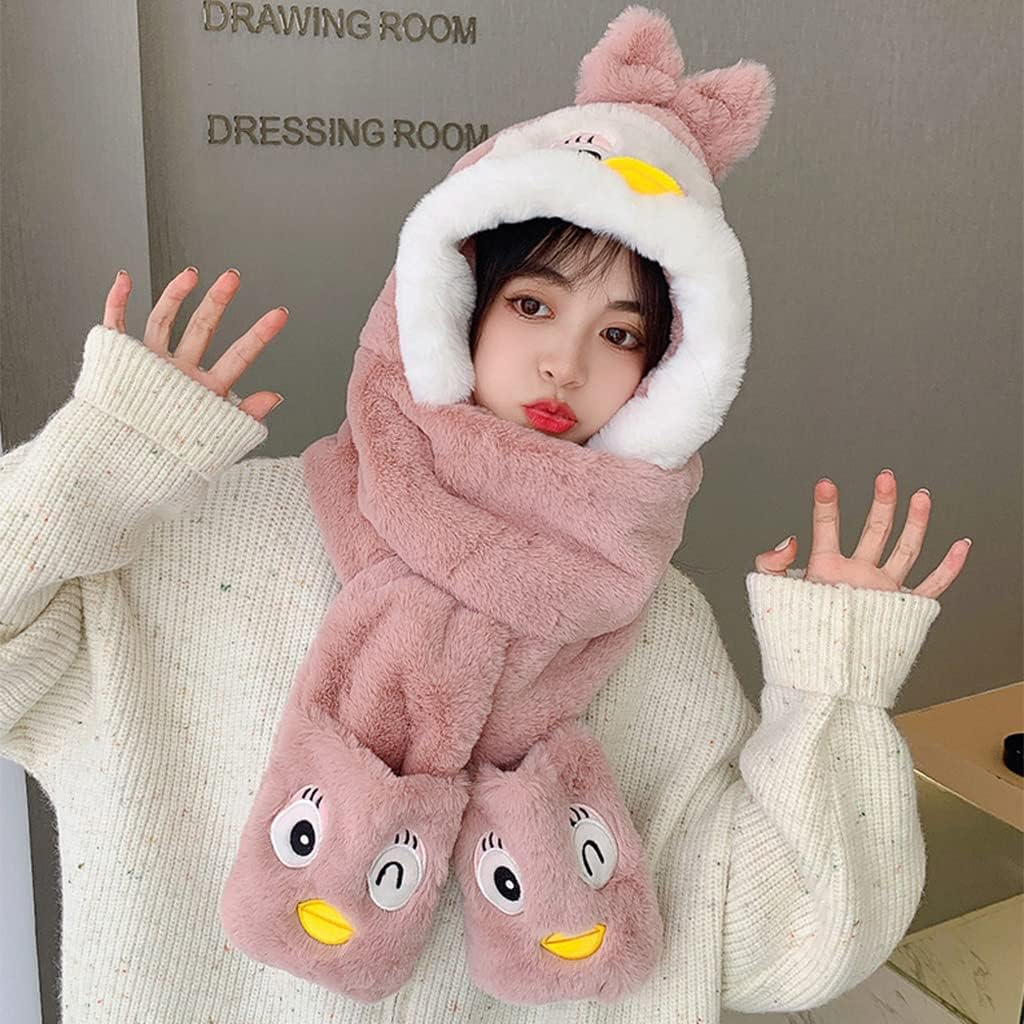 Scarf,Fashion Hat 3 in 1 Furry Hat Scarf Gloves Hooded Scarf with Mittens Headband Cap for Women Teen Girls Gifts Scarf(White)