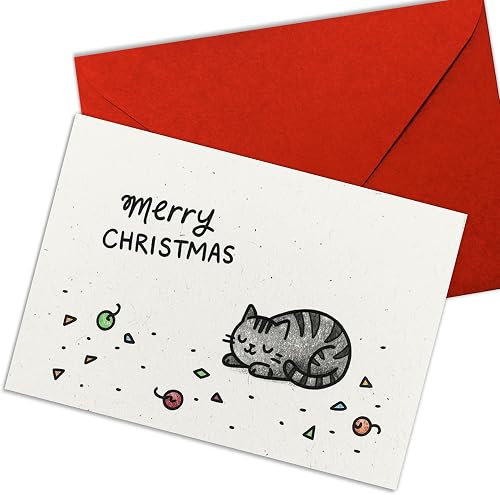 (5.3x8in) Cute Cat Christmas Card, Funny Sleeping Kitty Holiday Greeting Card, M