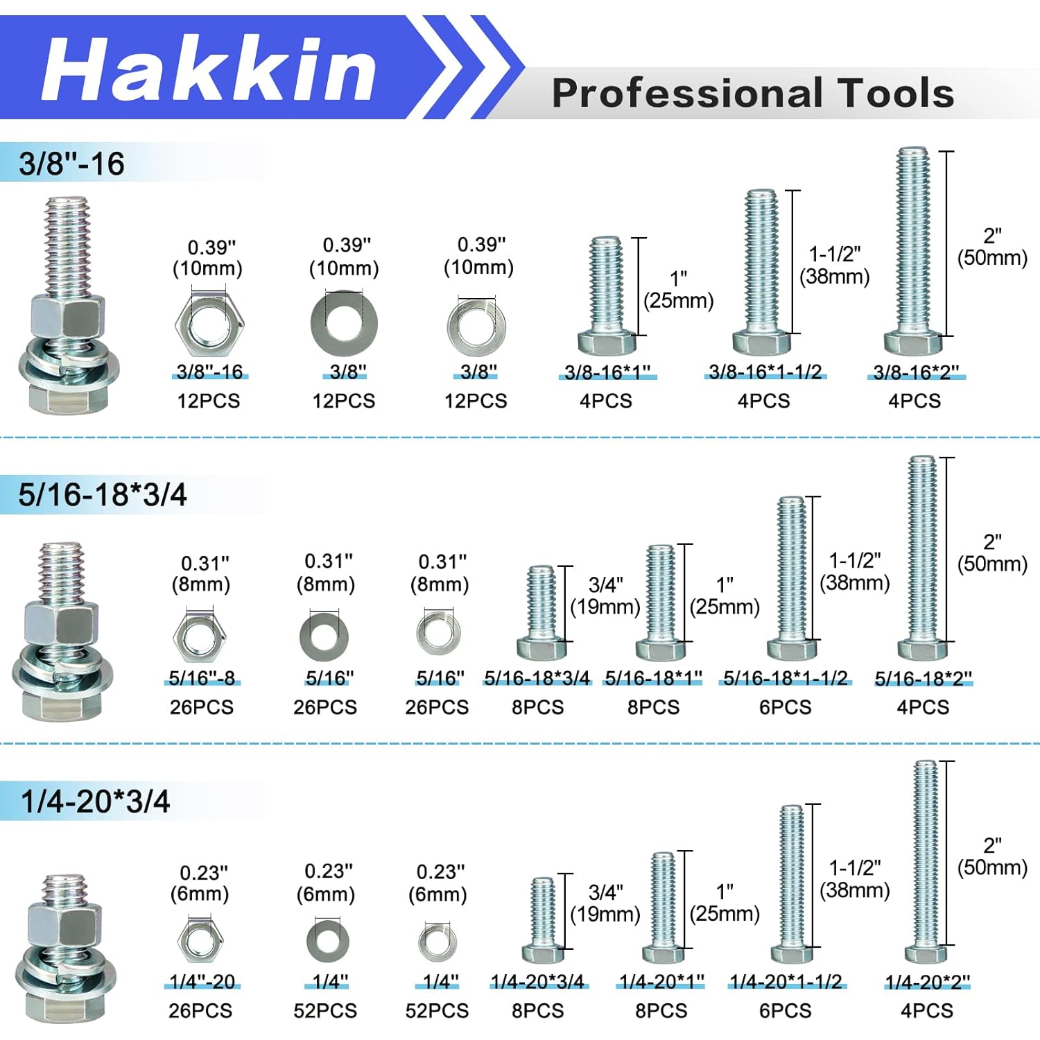 Hakkin 256PCS Heavy Duty Bolts and Nuts Assortment Kit, 1/4-20, 5/16-18, 3/8-16 Hex Bolts Screws Nuts Flat Lock Washers Assortment Kit, Blue Zinc Grade 8.8 Machine Screws Set with Storage Case