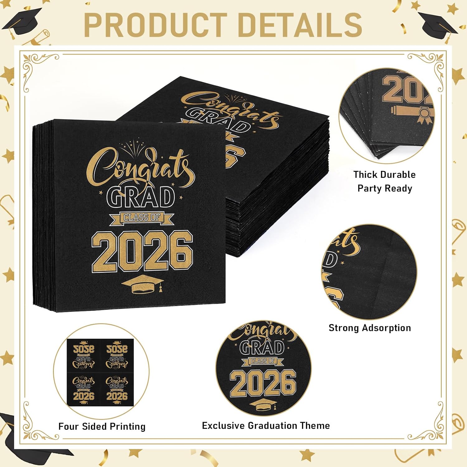 200 Pack Black Gold Graduation Silverware Bags Napkins Set - Congrats Grad Class of 2026 Kraft Paper Utensil Holder Cutlery Sleeves with Guest Napkins, Senior College Grad Party Table Decor image 2