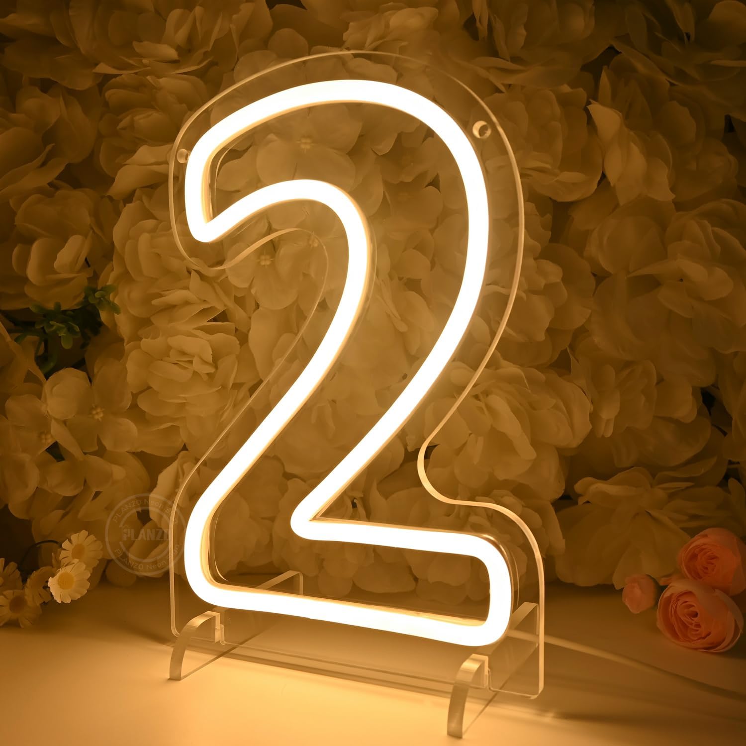 Planzo 2 Two Led Neon Sign Light 2th Two Years Old Birthday Baby Cave Backdrop Bedroom Desk Table Wall Sign Decor Banner Wedding Party Decor Gifts Hold Base USB 9.84"x6.7"