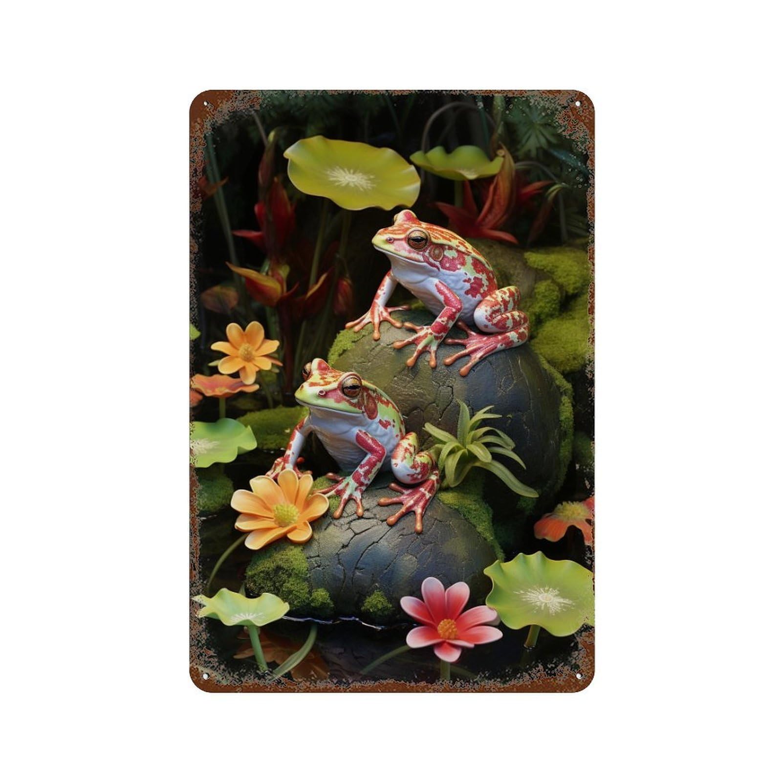 Frogs in Tropical Pond Rust Effect Tin Sign 11.8"x7.9", Farmhouse Wall Decor for Bistro, Counter And Cafe Decor
