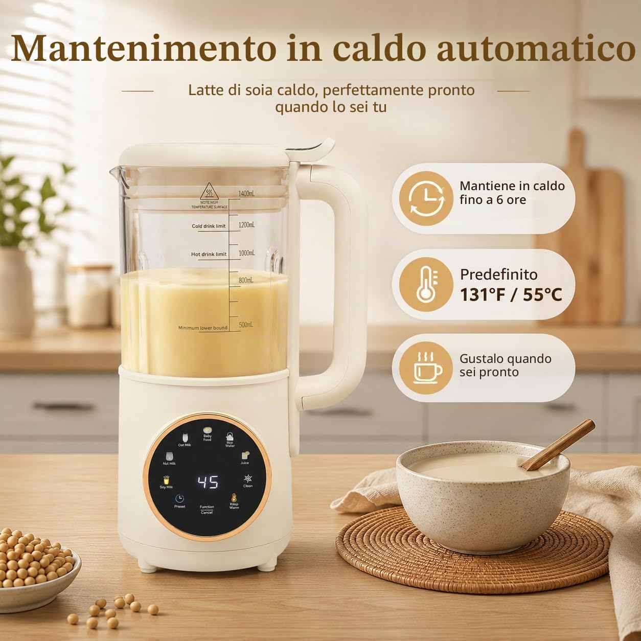 Macchina per latte di soia 1,4 l Macchina per il latte vegetale automatica con schermo tattile a LED e maniglia, base stabile, per acqua bollente, succo, latte d'avena, latte di noci, latte di soia