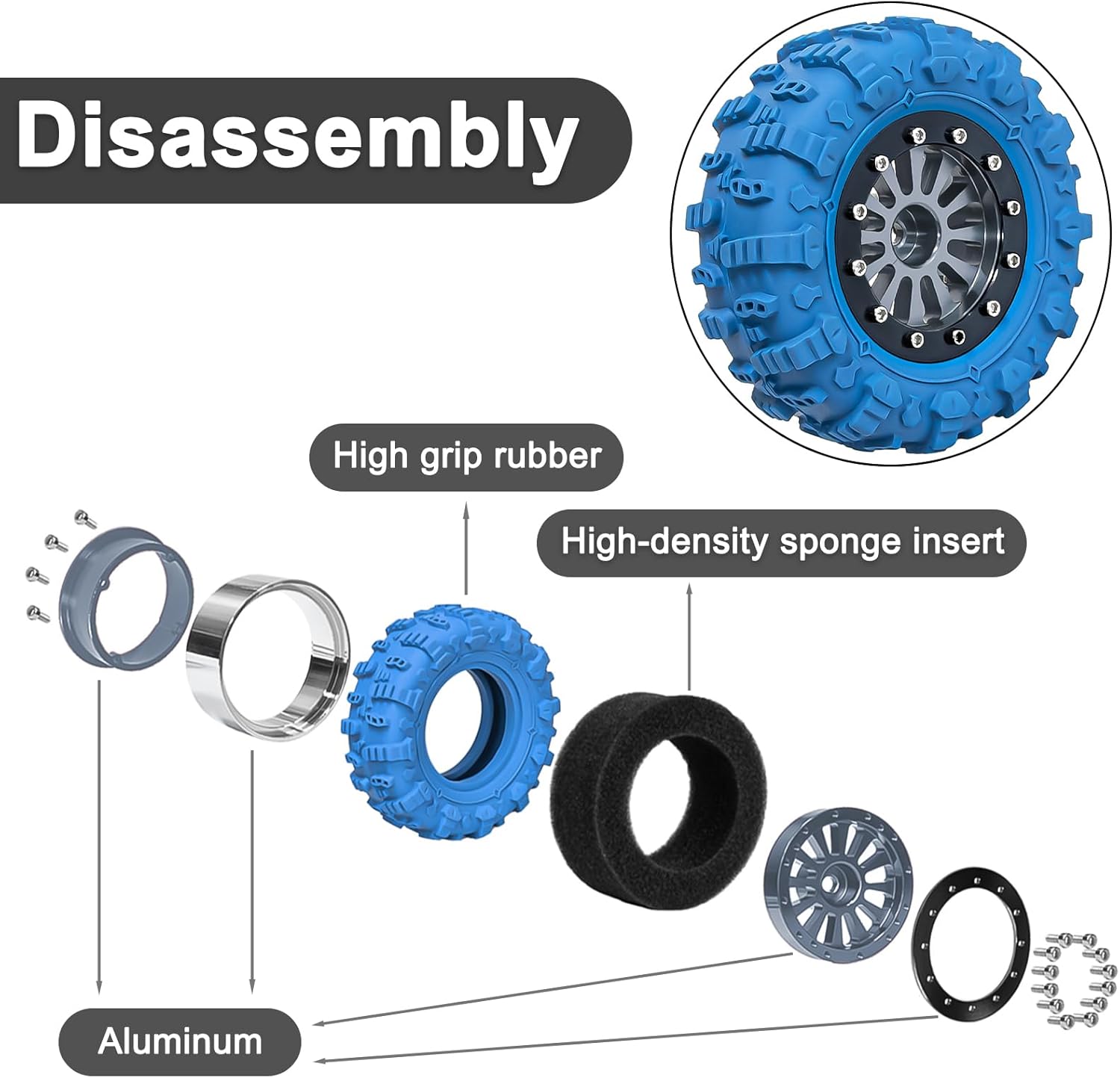 LRFHL 1.3 Crawler Tires Colored 1.3" Aluminium Beadlock Wheel Tires Set for 1/18 1/24 TRX4M SCX24 RC Crawler Car Upgrade (4PCS, Blue)