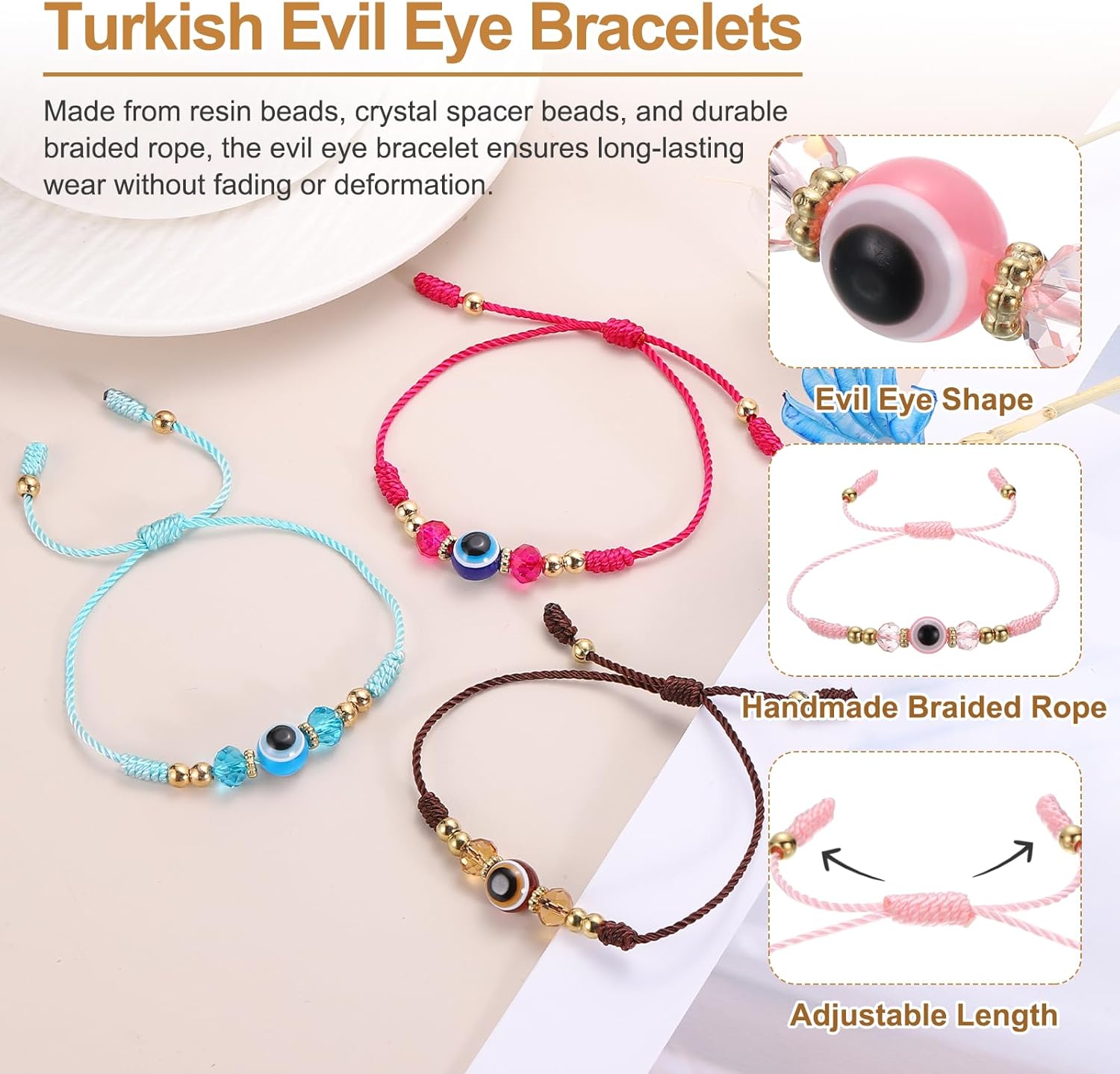 MECCANIXITY Light Pink Evil Eye Bracelets for Women Men Family 2 Pcs Adjustable String Good Luck Protection Handmade Eye Bracelet Blessing Jewelry - Image 3