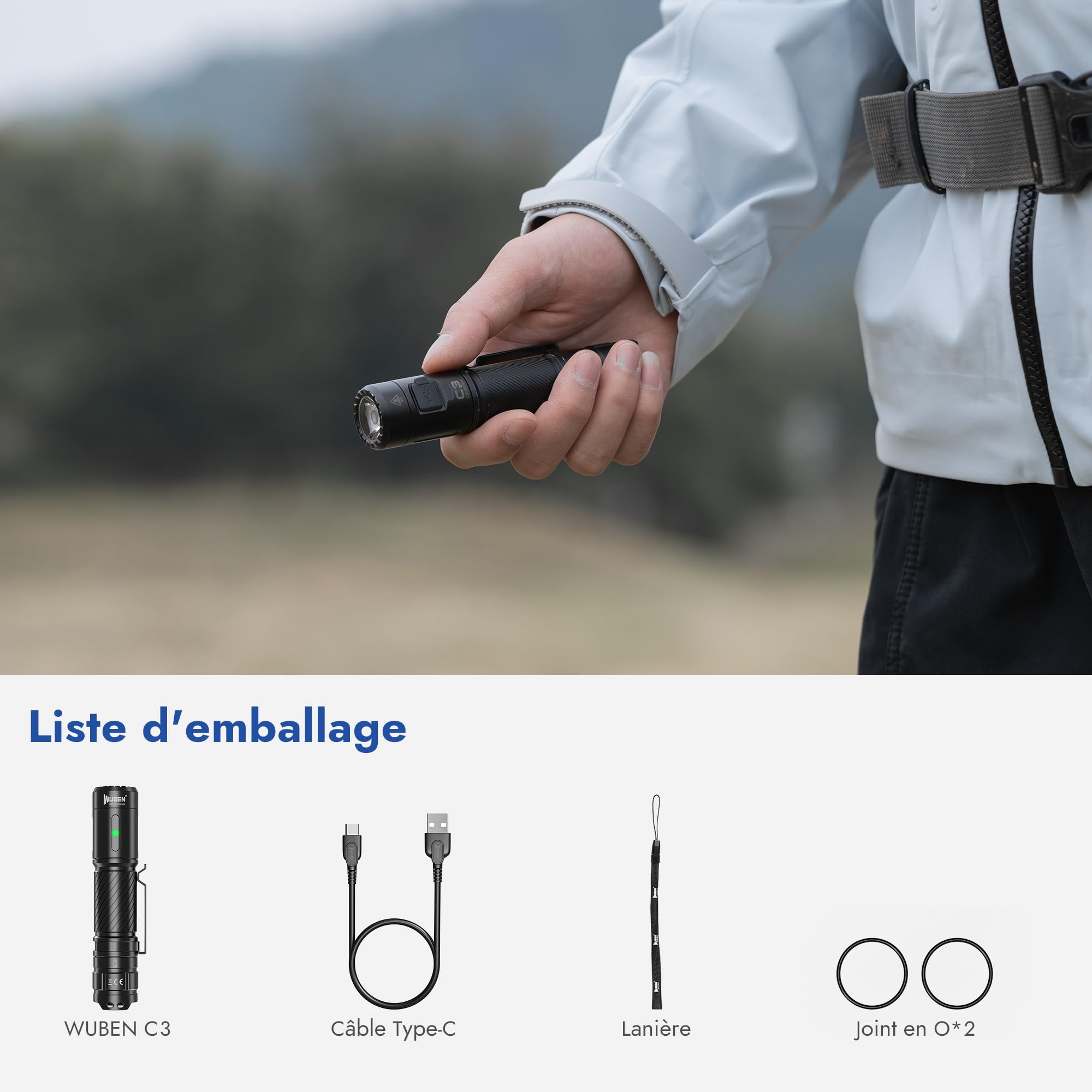 WUBEN C3 Lampe Torche Rechargeable 1200 Lumens Lampe de poche LED Ultra Puissante, Lampe Tactique IP68 Étanche Torche USB C,6 Modes pour Extérieur Camping Randonnée Urgence