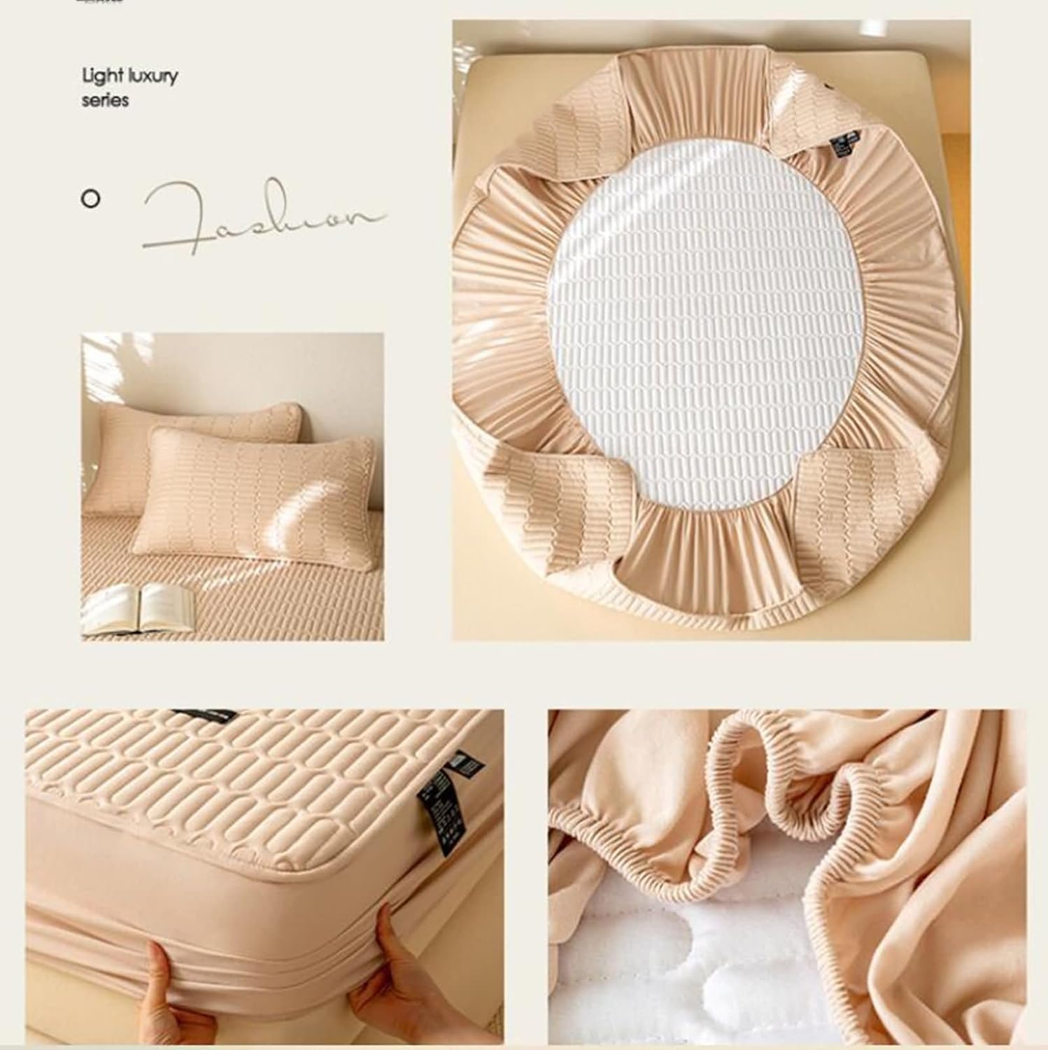 Beydodo Bed Sheets 35 x 78 inch, Fitted Bed Sheets with Standard Pocket Khaki Geometric Quilted, Polyester Mattress Protector 90x200cm