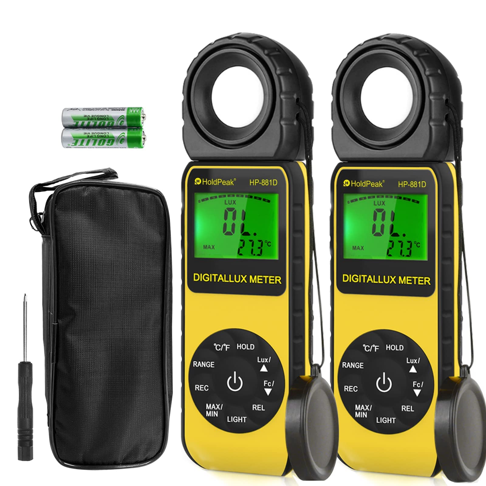 Light Meter, HoldPeak Digital Lux Meter 2PCS 1-400,000 Lux /1-40,000 FC  Measuring Ranges and 270° Rotatable Detector for LED Lights and Plants Lumen