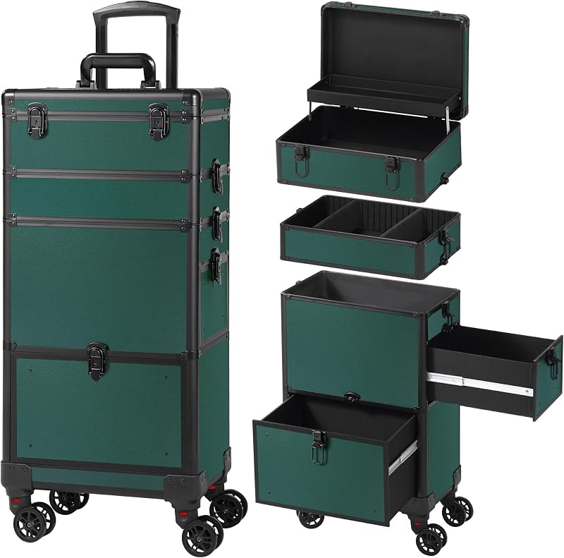 Maleta de maquiagem Somduy com gavetas e rodinhas, verde-preta, modelo BHZX03GB01-DR