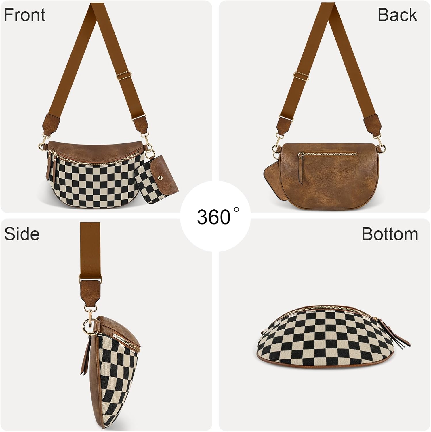 Checkered Crossbody Bag Bum Bags for Women Crossbody PU Leather Checkered Wallet Belt Bag Crossbody Handbags, Brown Checkered - Image 6