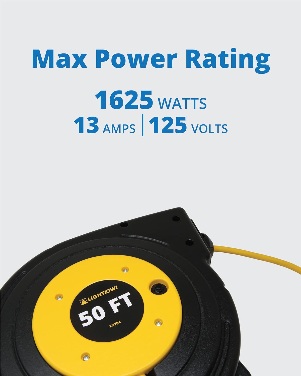 Lightkiwi L3794 50-ft Retractable Extension Cord Reel, 14/3 AWG SJTOW Power Cord, Lighted Triple Tab Outlet Electric Cord Reel, 4.5-ft Lead-In Cord, Swivel Wall/Ceiling Mounting Bracket, UL Listed