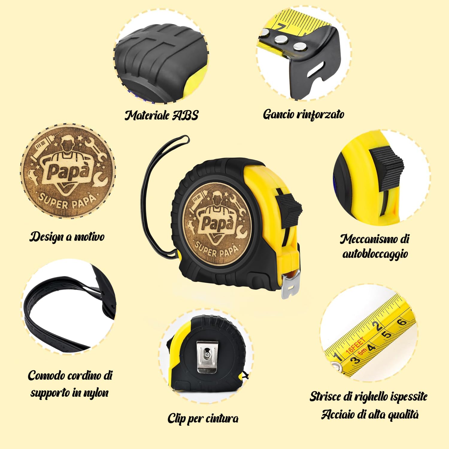 Regalo di laurea per la festa del papà, metro a nastro per papà, regalo di compleanno e Natale per papà, metro a nastro in vera pelle inciso da 5 metri e 25 mm, regalo per papà, giallo