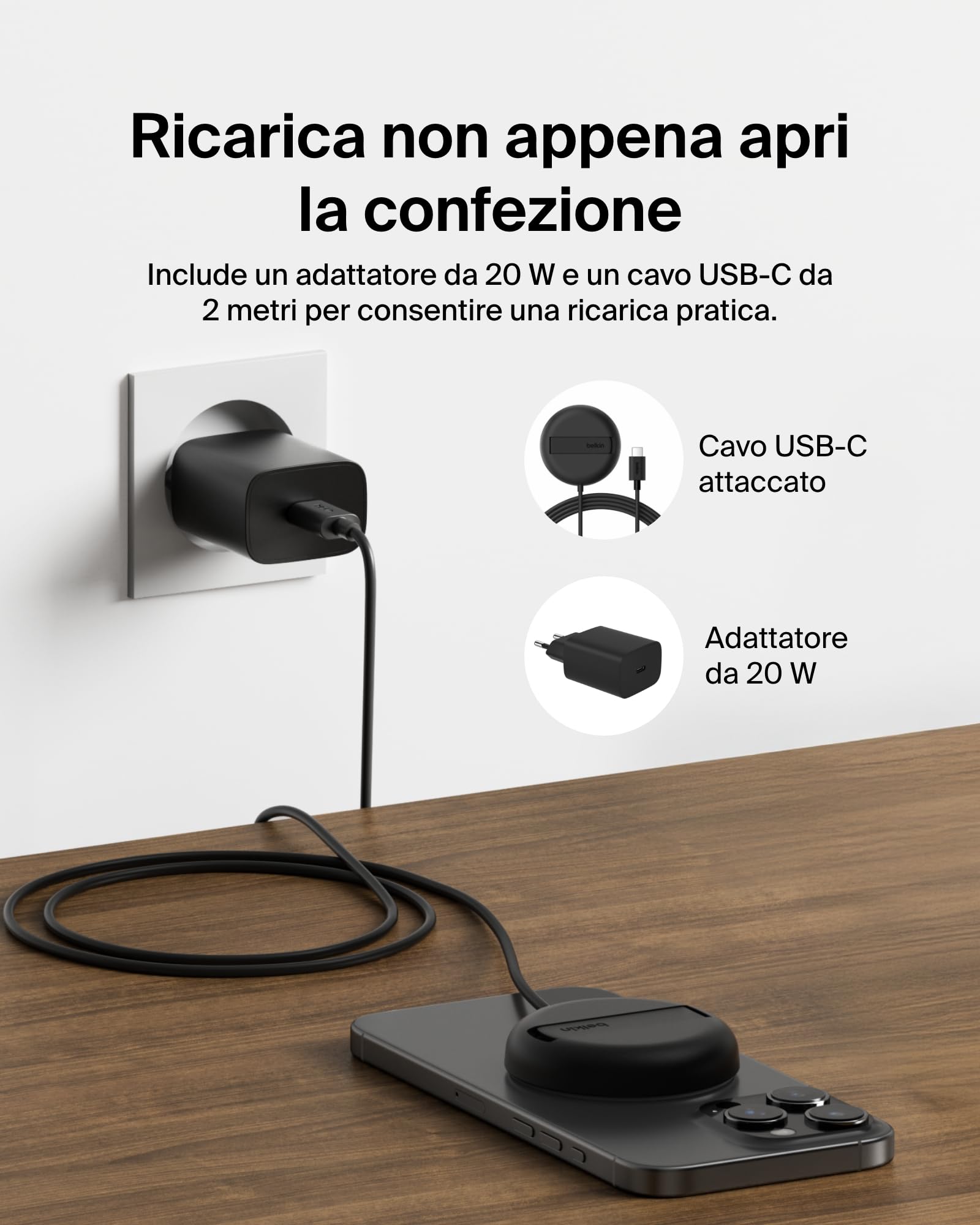 Belkin Tappetino di ricarica wireless magnetica 15 W con supporto, caricatore wireless Qi2 compatibile con MagSafe per iPhone 16 Series, Samsung Galaxy S25 Series, AirPods (con alimentatore), nero