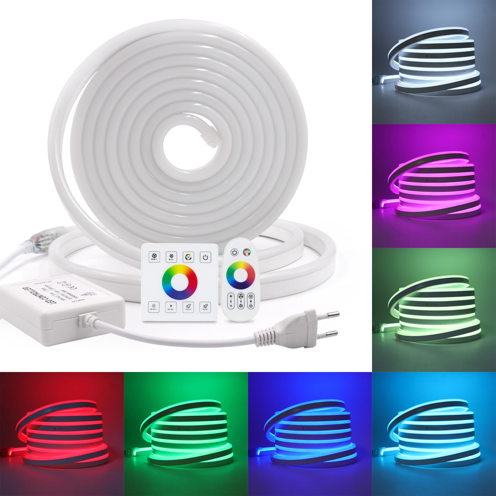 Tira de Luz LED Neón RGB 220V con Controlador Dual[4M], IP65 Impermeable Flexible, 80 LEDs/m Tira de Luz LED Cortable CRI85+, Dormitorio Bar Tienda Cocina Iluminación Decorativa