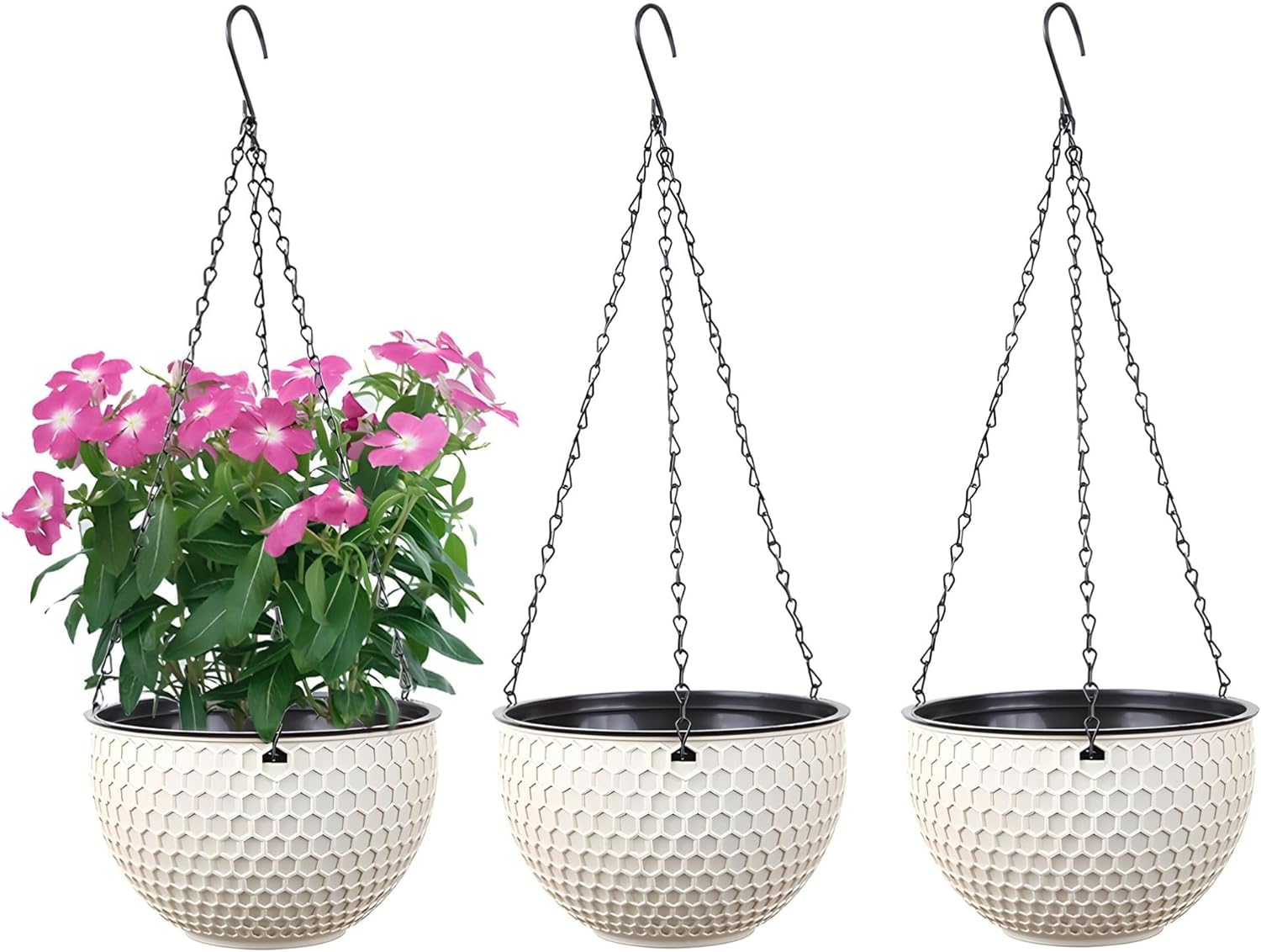 WOWEI 3 Pack Hanging Basket Self-Watering Hanging Planters Pots with Water Reservoir & Drain Hole, Hanging Basket for Plants with Chains Outdoor Garden Flower Planter Container
