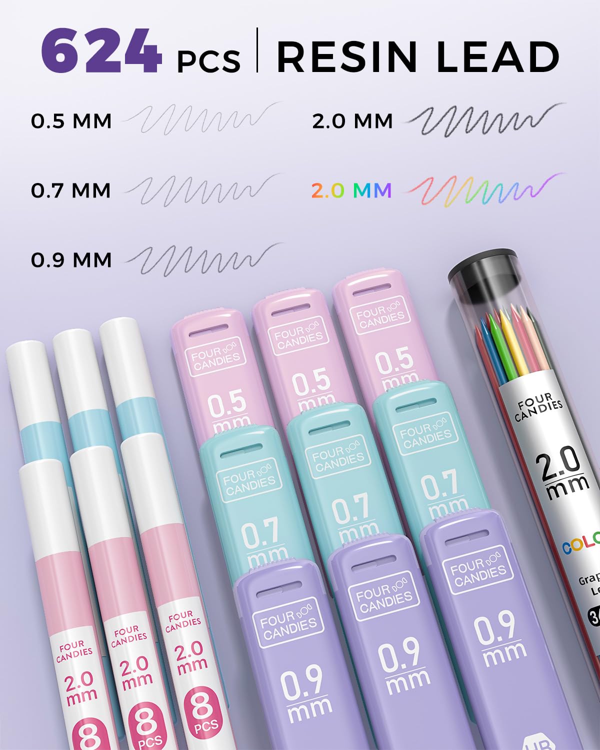 Four Candies 36PCS Aesthetic School Supplies, Mechanical Pencils 0.5mm, 0.7mm, 0.9mm & 2.0mm with 624PCS Lead Refills, Cute Mechanical Pencils for Writing, Drawing & Drafting ()