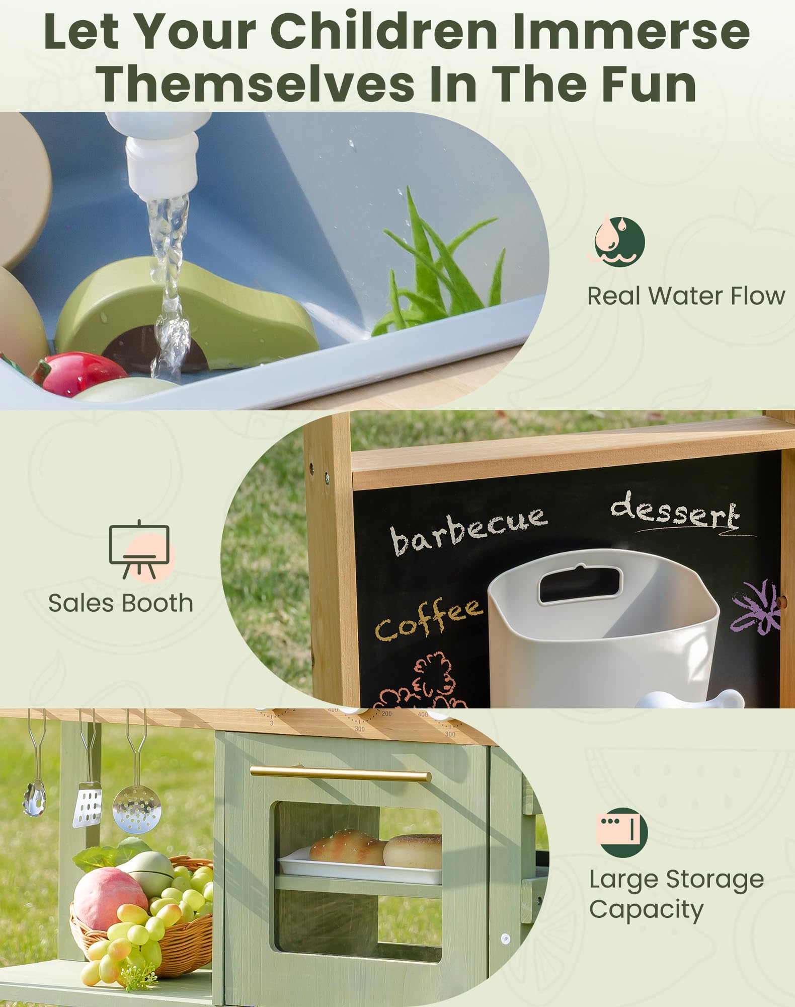 ROBOTIME Set da Cucina in Legno per Bambini, Cucina Esterna Deluxe con Rubinetto Funzionante, Lavagna, BBQ, Ampio Spazio di Stoccaggio, Lavandino da Giardino e Accessori da Cucina, Gioco di Ruolo per