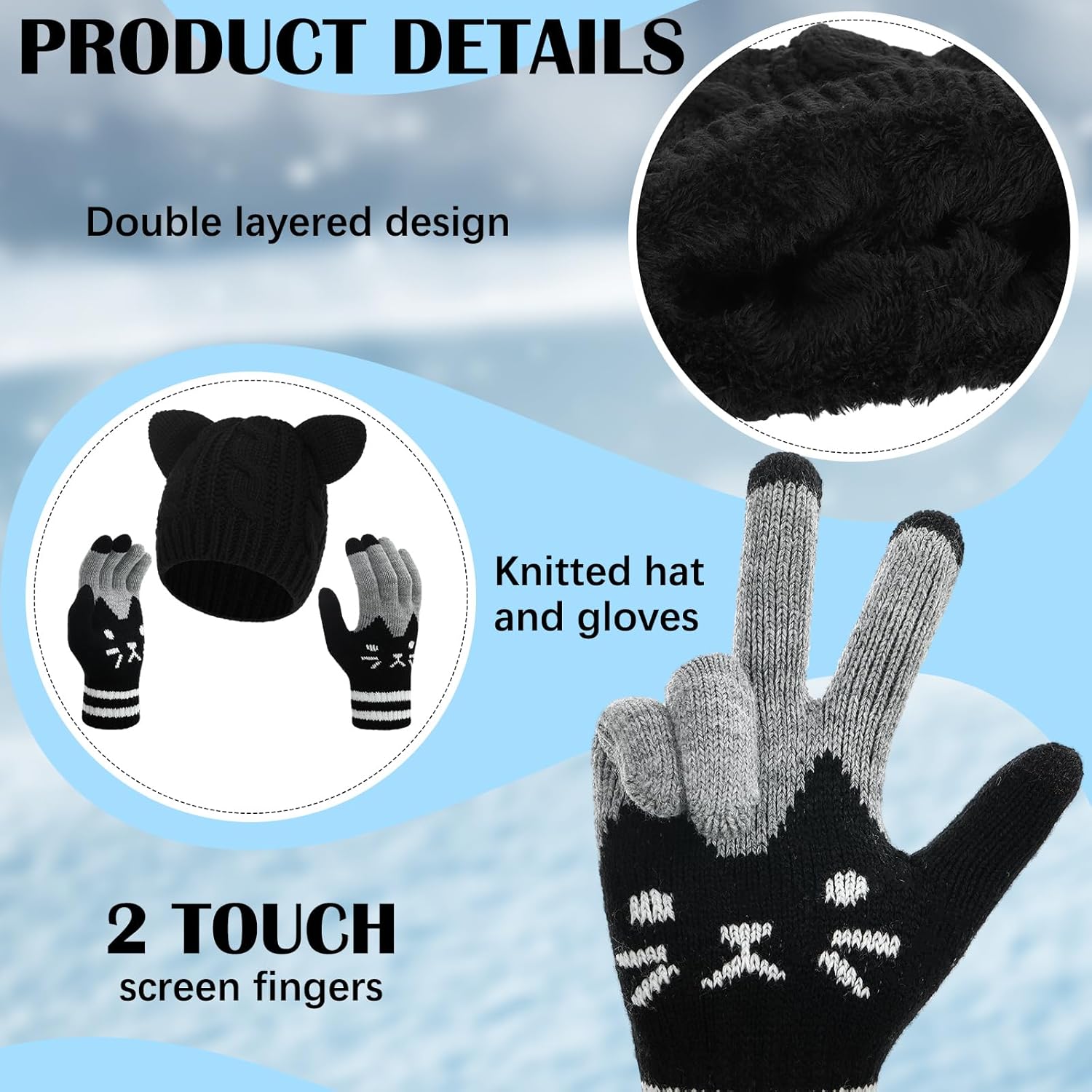Ramede Women's Cute Cat Ears Beanie and Touchscreen Gloves Set, Double-layered Knitted Winter Hat Warm Woollike Crochet Ski Headgear and Knit Gloves New Year Anime Gifts for Women for Cold Weather - Image 4