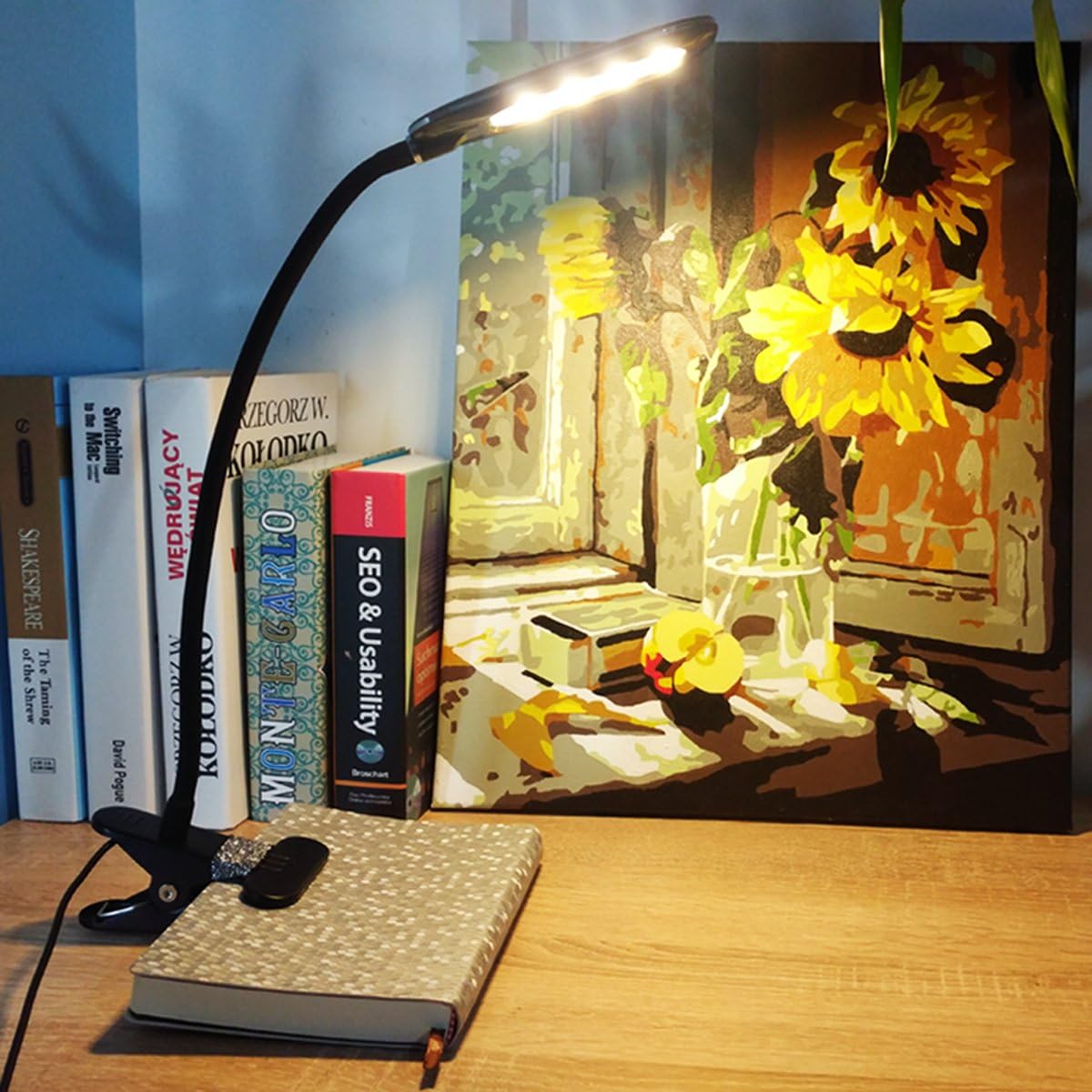 EyYOCEAN Clamp Reading Light for Bed Headboard, Bedroom with 3 Color Modes,11 Dimming Levels, Clip on Desk Lamp, Adapter Included, 5W, Black
