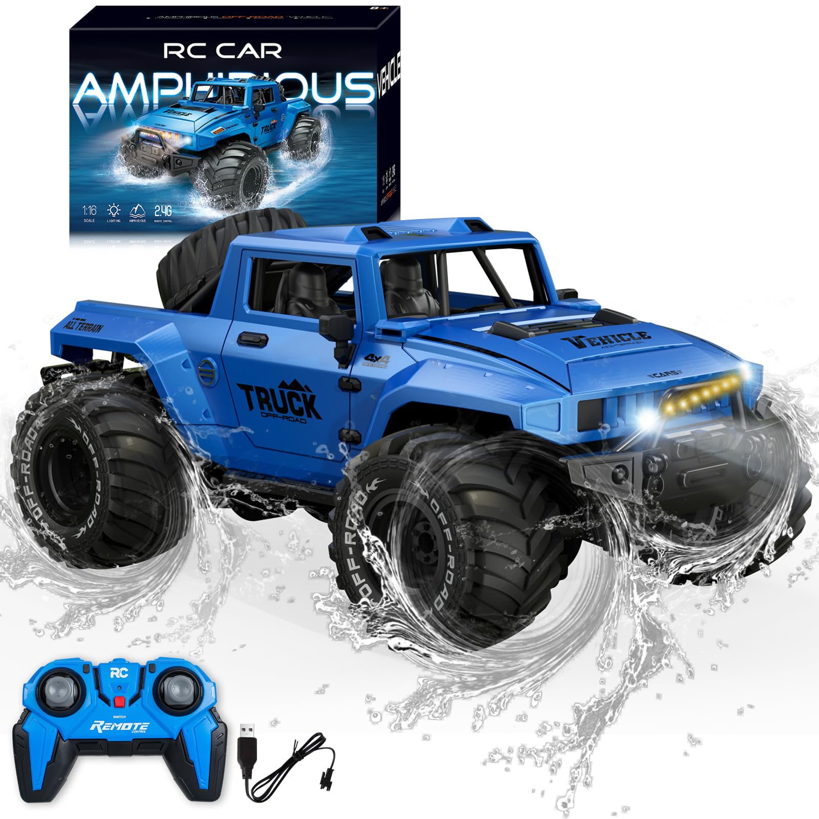 Macchina Telecomandata, Auto Telecomandato Anfibie 1:16 Monster truck telecomandata Impermeabile per Ragazzi, Veicolo RC Cars Acrobatico con Rotazione 360° luci LED per Adulti Bambini