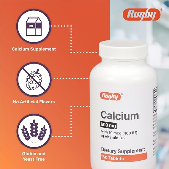 Rugby 600 mg Calcium Tablets - Made with 10 mcg (400 IU) of Vitamin D3 - Dietary Supplement - 150 Tablets