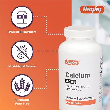 Rugby 600 mg Calcium Tablets - Made with 10 mcg (400 IU) of Vitamin D3 - Dietary Supplement - 150 Tablets
