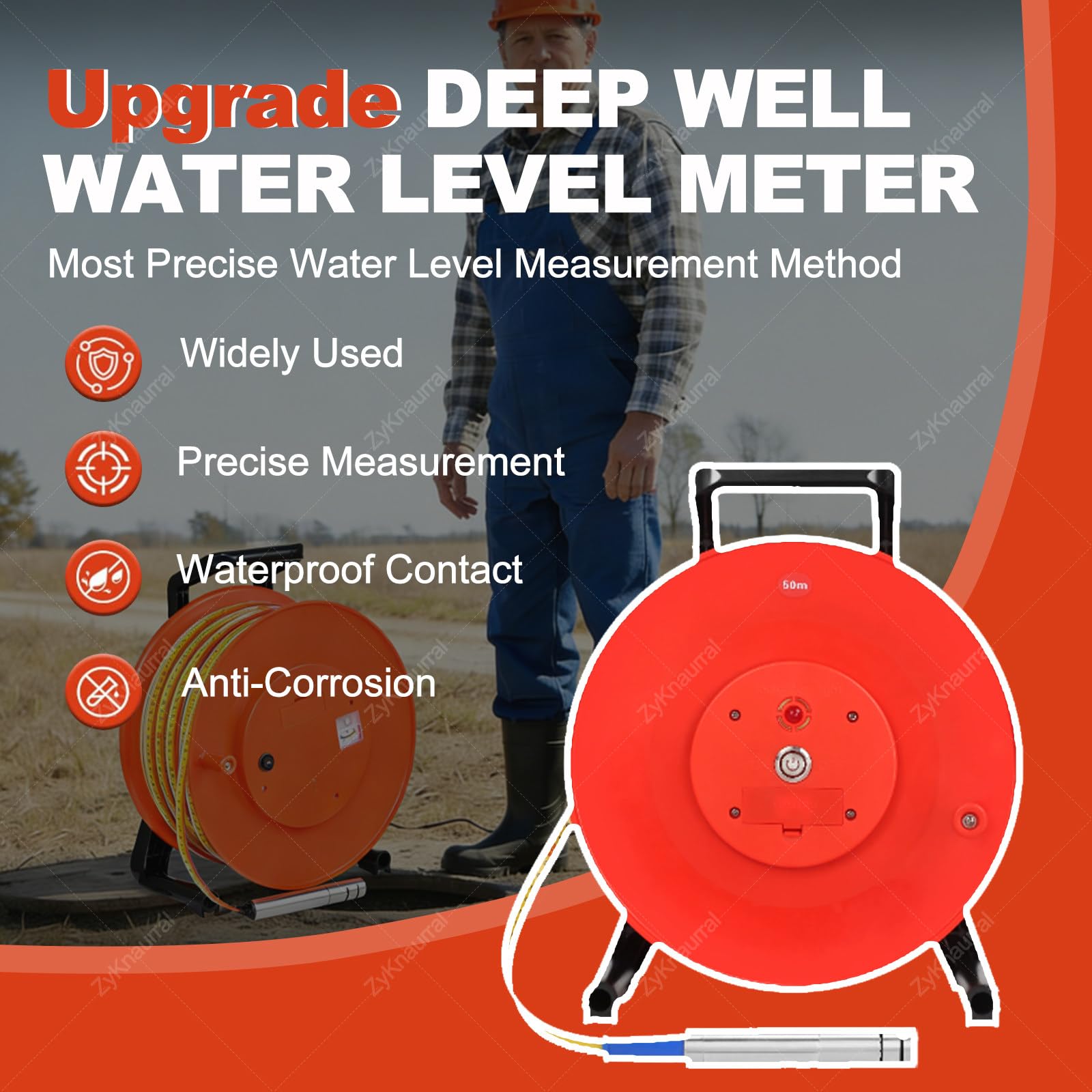 Sensor de nivel de agua portátil, medidor de nivel de agua de pozo profundo con sonda de acero inoxidable y cinta métrica de acero, herramientas para medición de pozos y reparación de pozos de agua
