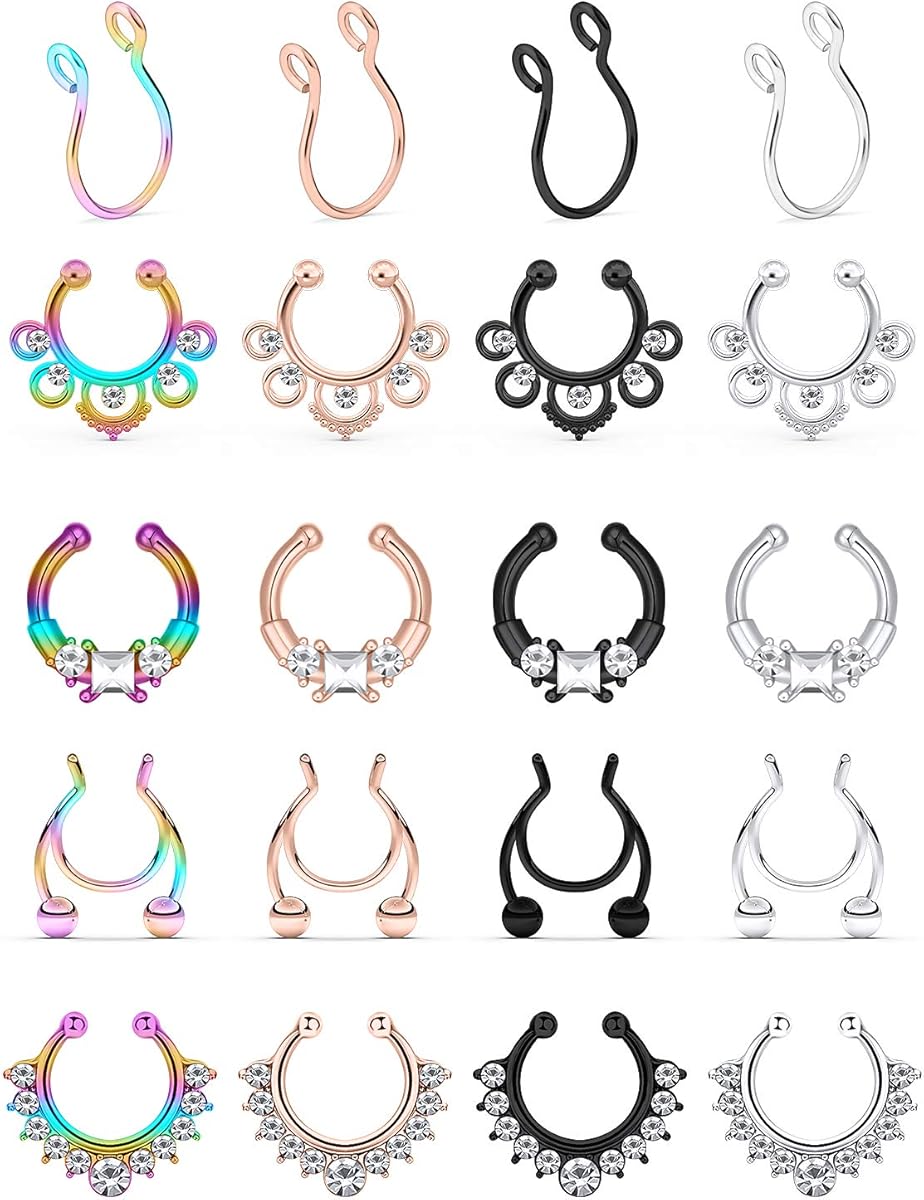 SCERRING Fake Septum Nose Hoop Rings Stainless Steel Faux Lip Ear Nose Septum Ring Non Piercing Clip On Nose Hoop Rings Body Piercing Jewelry Clear CZ 20PCS