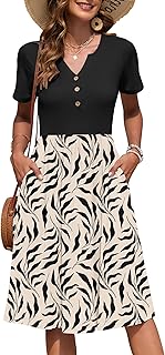 AUSELILY Women's Short Sleeve Summer Dress Knee-Length Summer Lightweight Dresses V-Neck with Buttons Casual Dress with Pockets