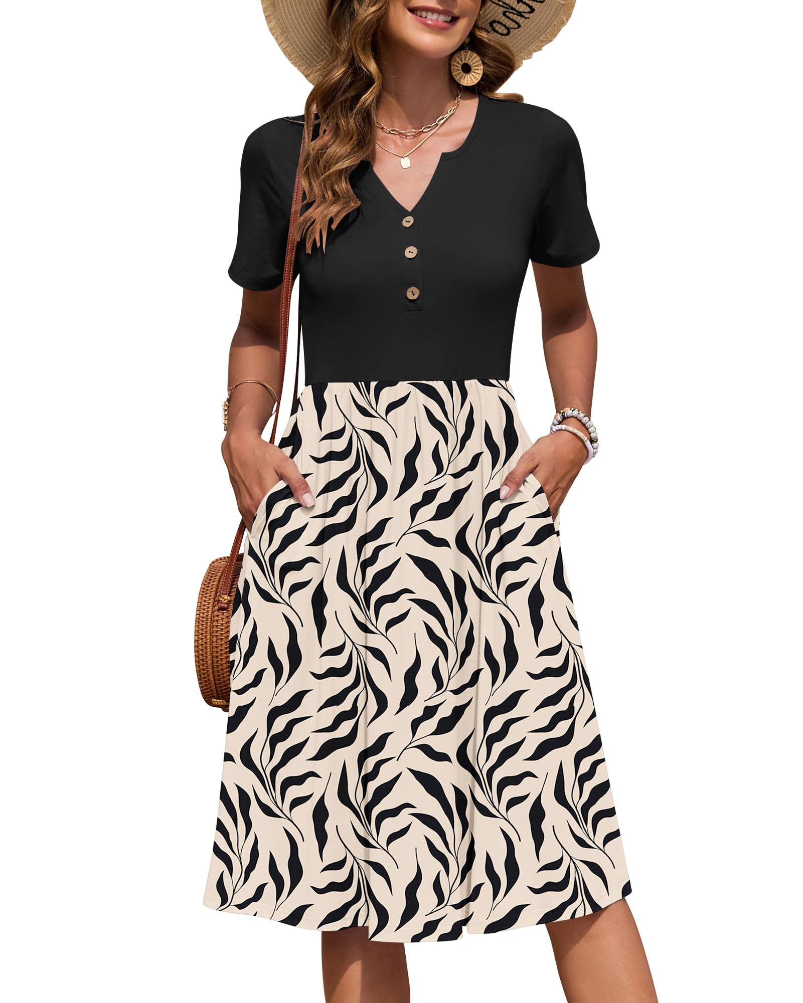 Auselily Women's Apricot Black Leaf Summer Short Sleeve Midi Dresses V Neck Empire Button Knee Length Dress With Pockets Xxl