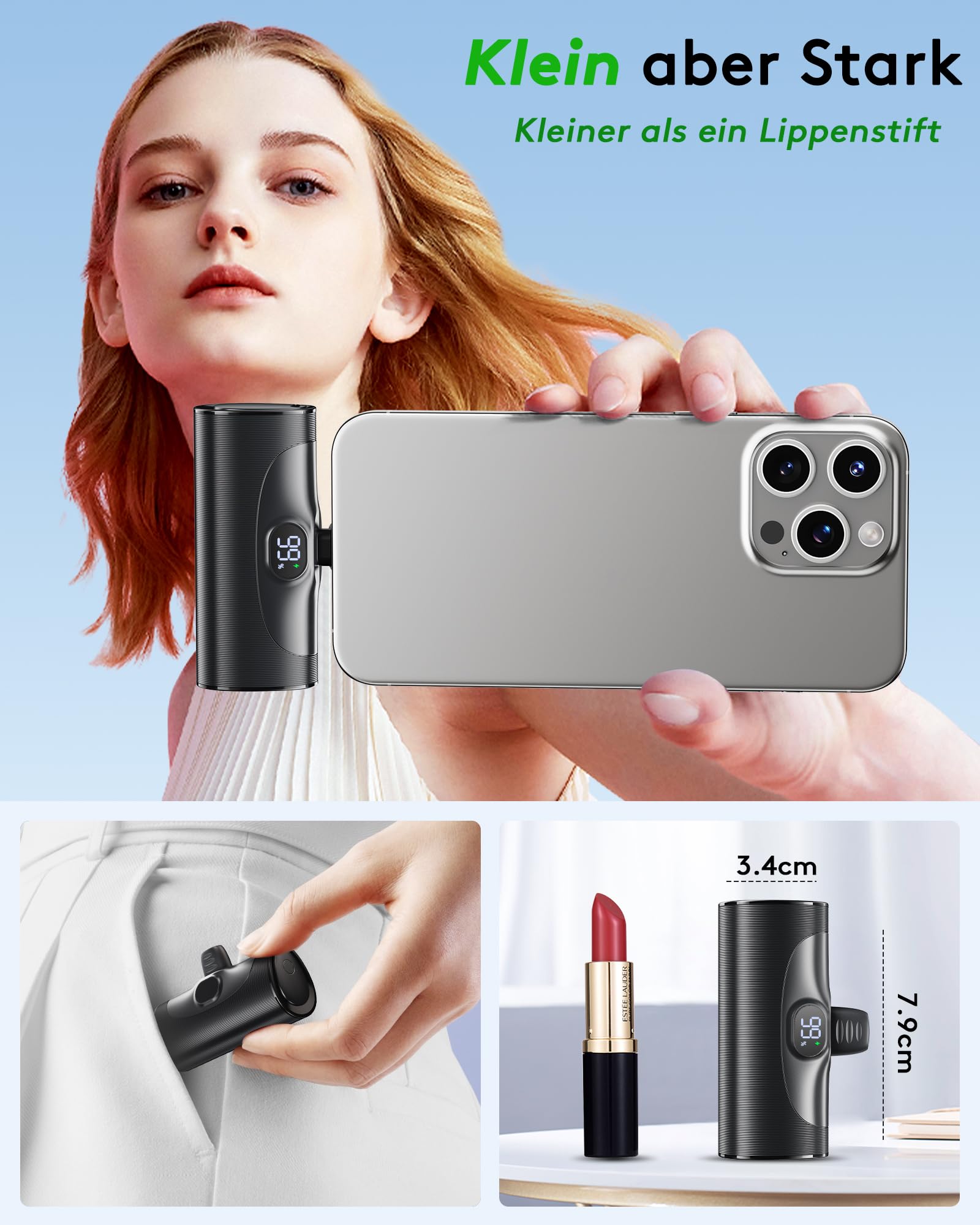 2025 Mini Power Bank iPhone USB C 5000mAh, 20W Ricarica Rapida Powerbank con Supporto Richiudibile, Caricatore Portatile Piccolo con LED Display per i-Phone 17 16 15 Pro Samsung Cavo non necessario