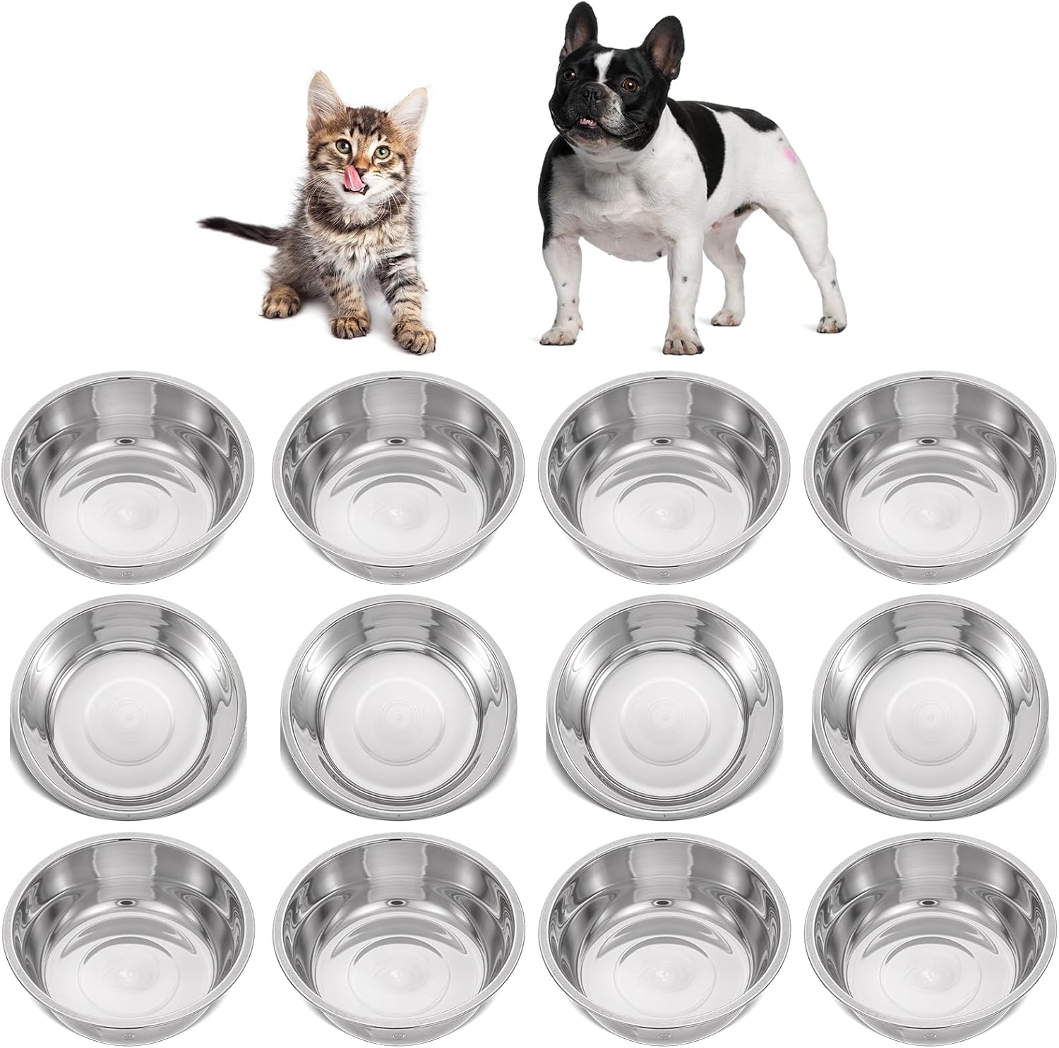 12 PCS Stainless Steel Cat Bowls, 5.5 Inch Metal Cat Bowls, Replacement Elevated Food Water Bowls for Indoor Kitten, Whisker Fatigue Relief Shallow Food Metal Dish for Stray Cats