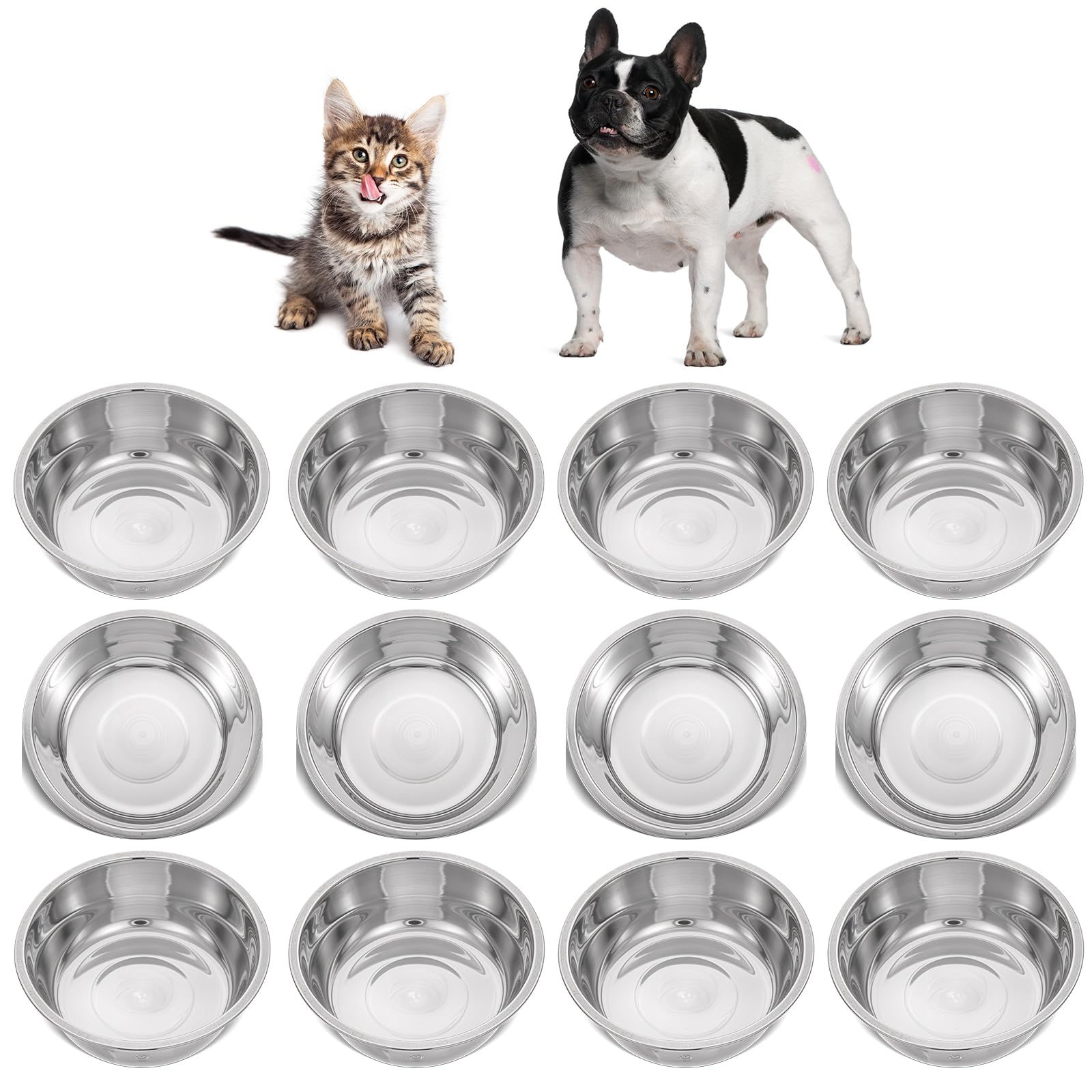 12 PCS Stainless Steel Cat Bowls, 5.5 Inch Metal Cat Bowls, Replacement Elevated Food Water Bowls for Indoor Kitten, Whisker Fatigue Relief Shallow Food Metal Dish for Stray Cats