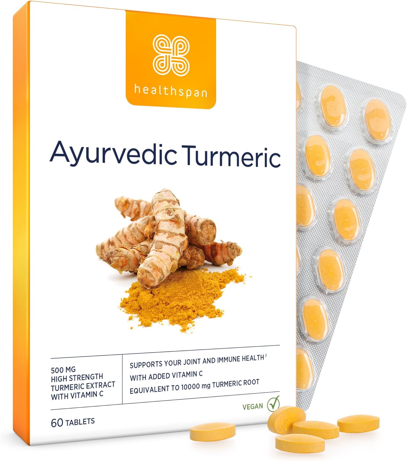 Healthspan Ayurvedic Turmeric | 60 Tablets | 95% high curcuminoid Content | Added Vitamin C | Supports Joint and Immune Health | Vegan Friendly