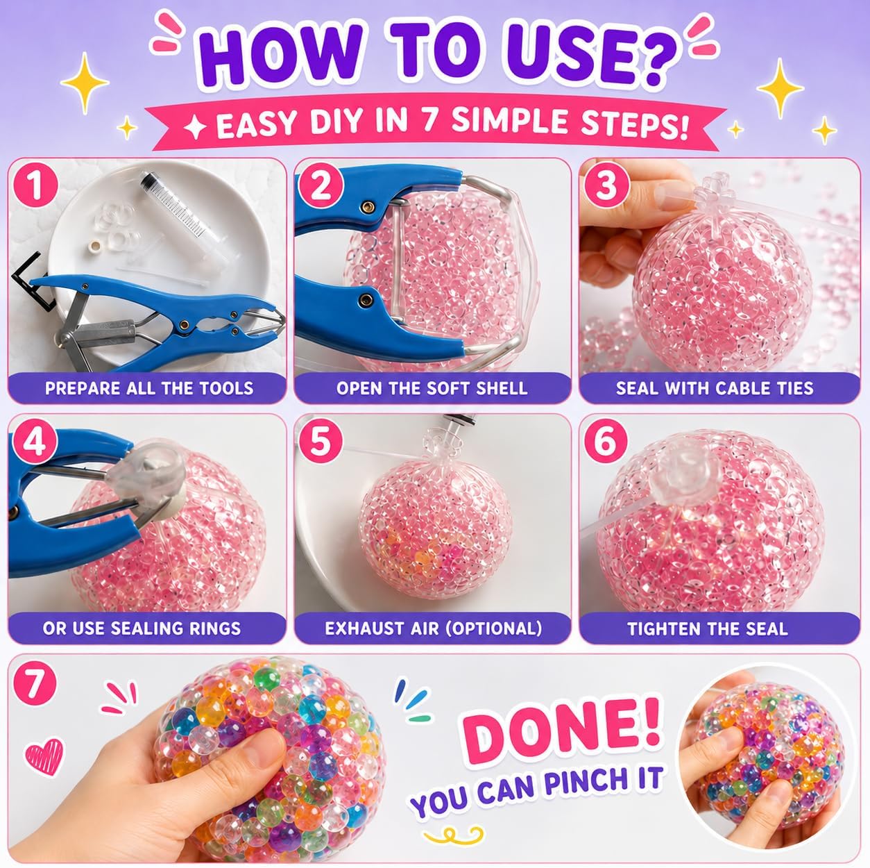 DIY Stress Ball Making Kit - Unique Squishy Skins, 10+ Varieties Fillers Include Animals, Fruits, Colorful Beads & Shapes, Vacuum Tool & Tools - Create Crunchy ASMR Sensory Anxiety Relief Desk Toy image 3