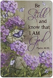 Mocozim Rustic Metal Tin Sign Be Still and Know That I Am God Painting Print Wall Art, Pretty Purple Hydrangea, White Butterfly, Large Portrait Picture Home Decor for Living Room, Bedroom 8x12 Inch