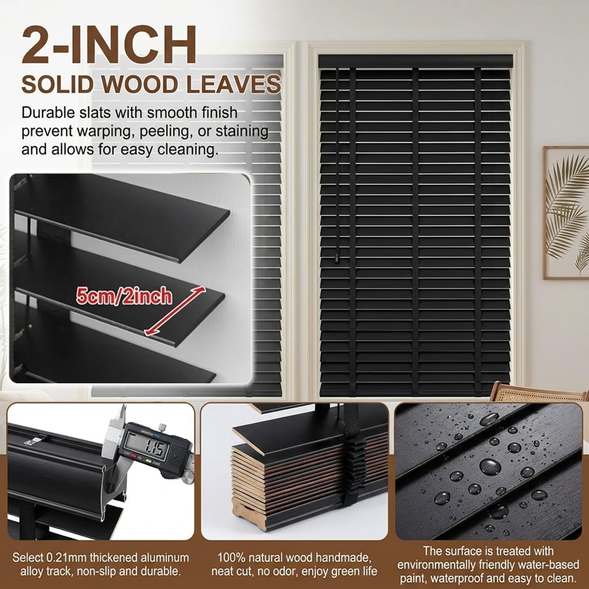 Black Wood Blinds for Indoor Windows, 2 inch Slats Cordless Horizontal Faux Wood Window Blinds & Shades 34" W x36 H Blackout Wooden Privacy Blinds for Kitchen Bedroom Living Room