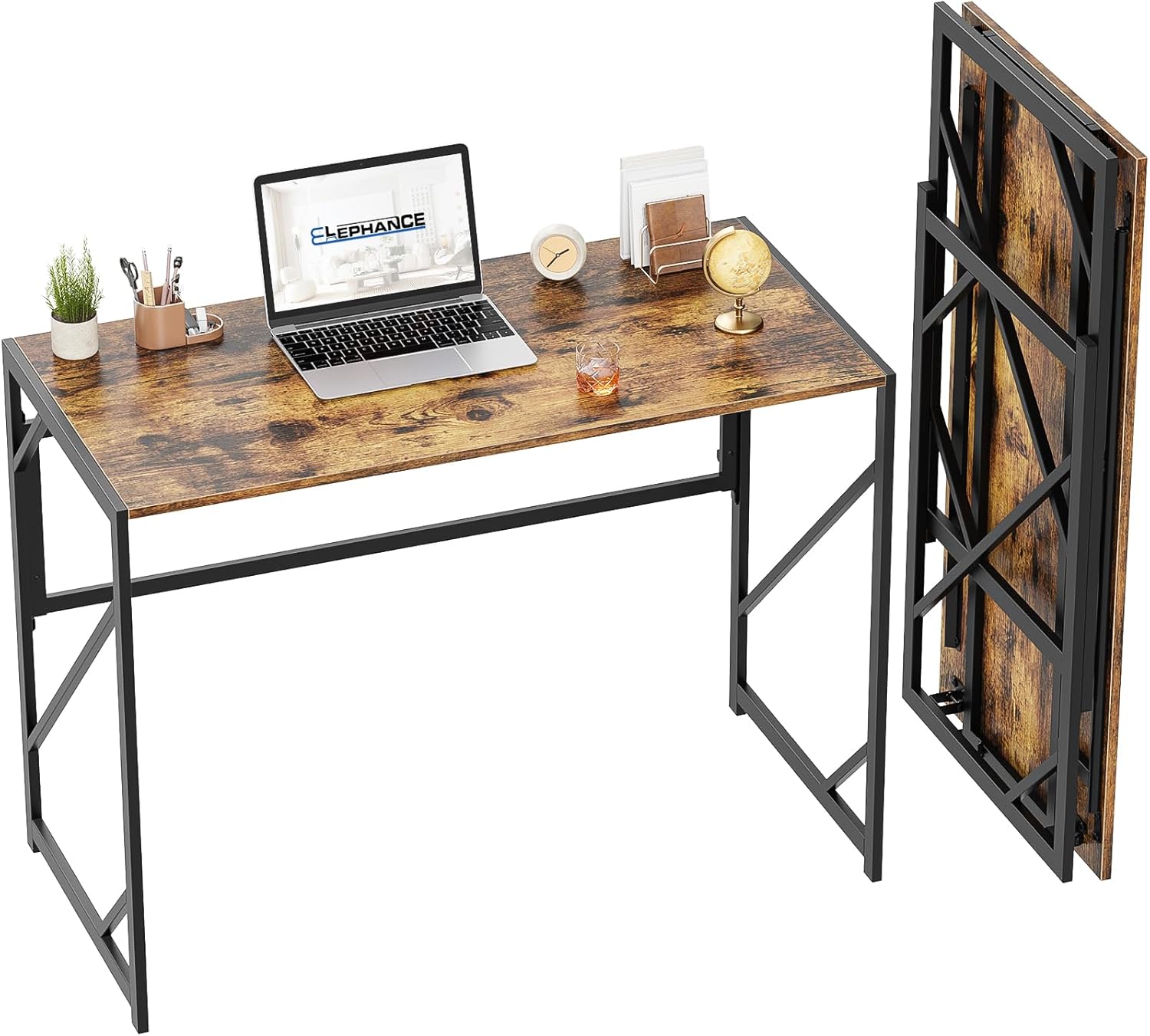 Elephance Folding Desk Writing Computer Desk for Home Office, No-Assembly Study Office Desk Foldable Table for Small Spaces 39.4 inch Rustic Brown