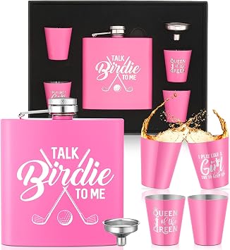 Realspring 6 Pcs Golf Gifts Set for Women 6oz Flask Bottle with 4 Stainless Steel Glasses 1 Funnel Golfers Funny Golfer Accessories for Women Golf Ball Themed Party Birthday Gift